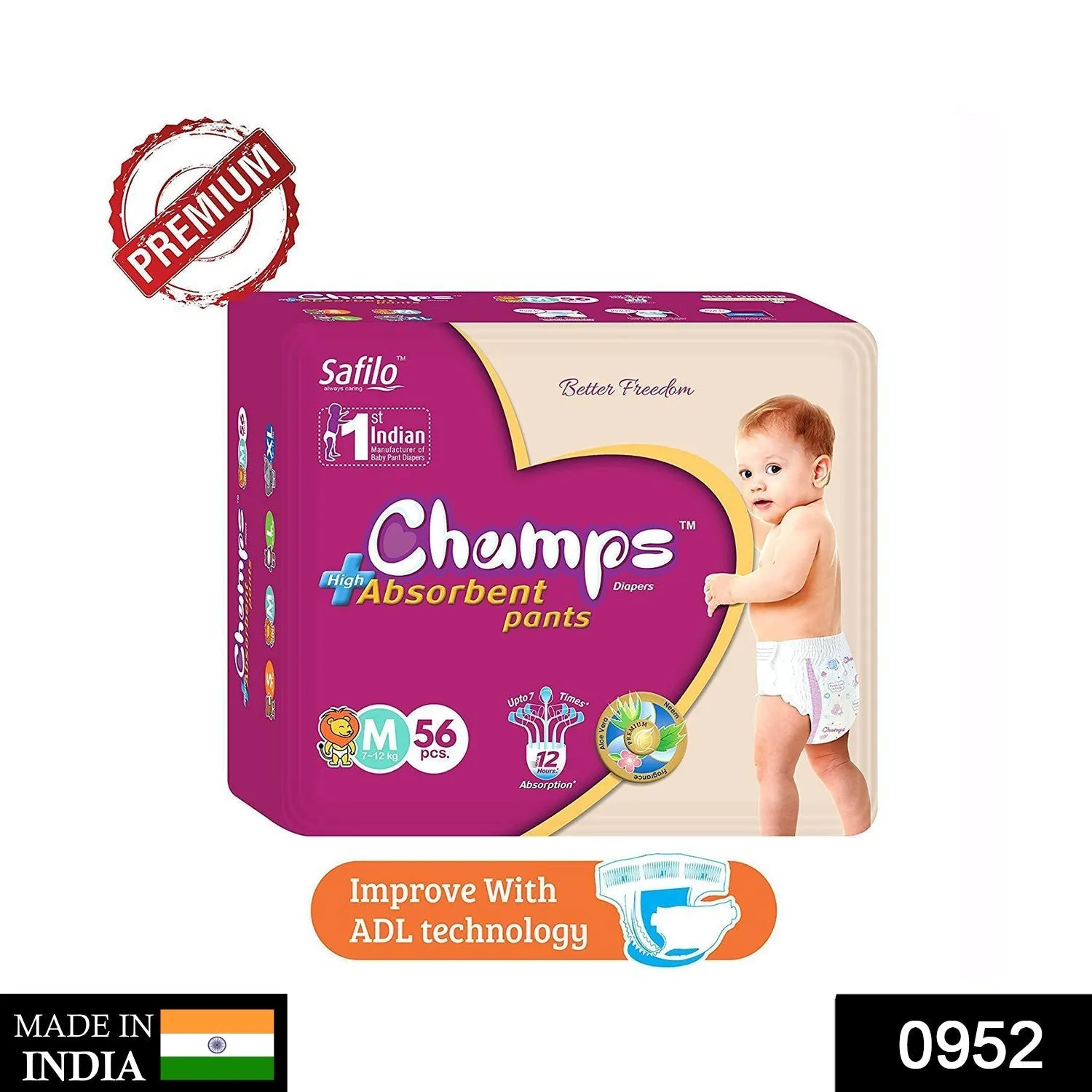 952 Premium Champs High Absorbent Pant Style Diaper Medium Size, 40 Pieces (952_Medium_40)