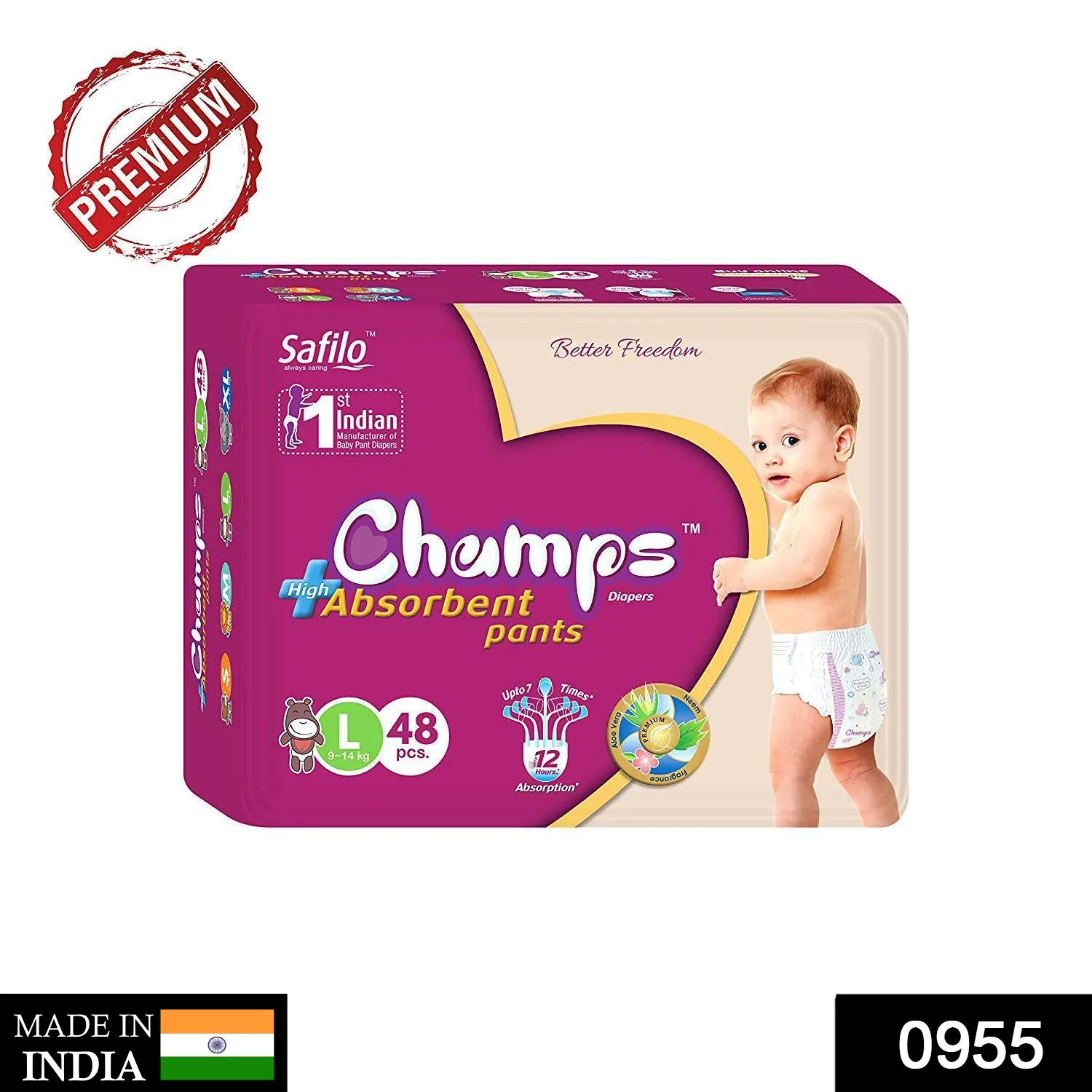 955 Premium Champs High Absorbent Pant Style Diaper Large Size, 48 Pieces(955_Large_48)