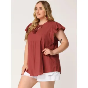 Agnes Orinda Women's Plus Size Flowy Tunic Peplum Bow Tie V-Neck Ruffle