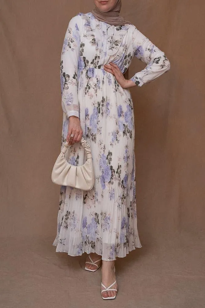 Amorita chiffon floral pleated dress with maxi sleeve and ruffled top in white