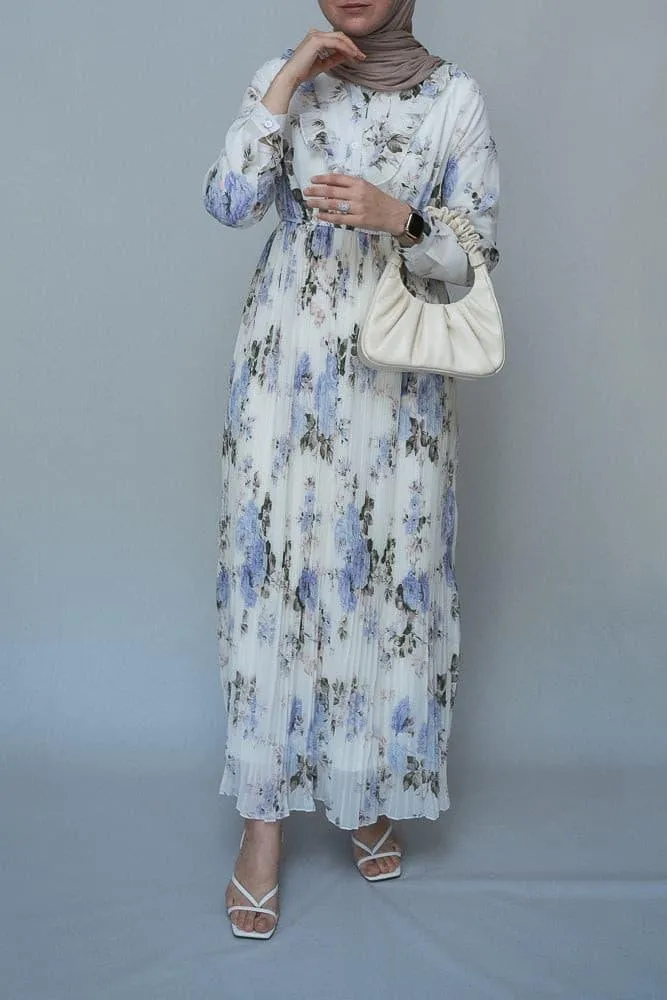 Amorita chiffon floral pleated dress with maxi sleeve and ruffled top in white