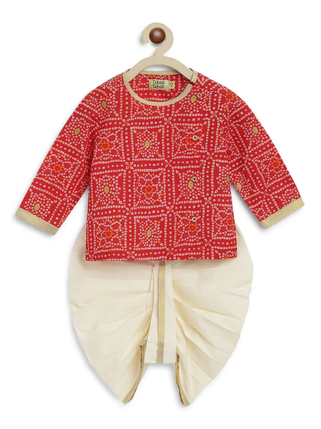 Baby Boy Bandhani Print Cotton Dhoti Kurta Set - Red