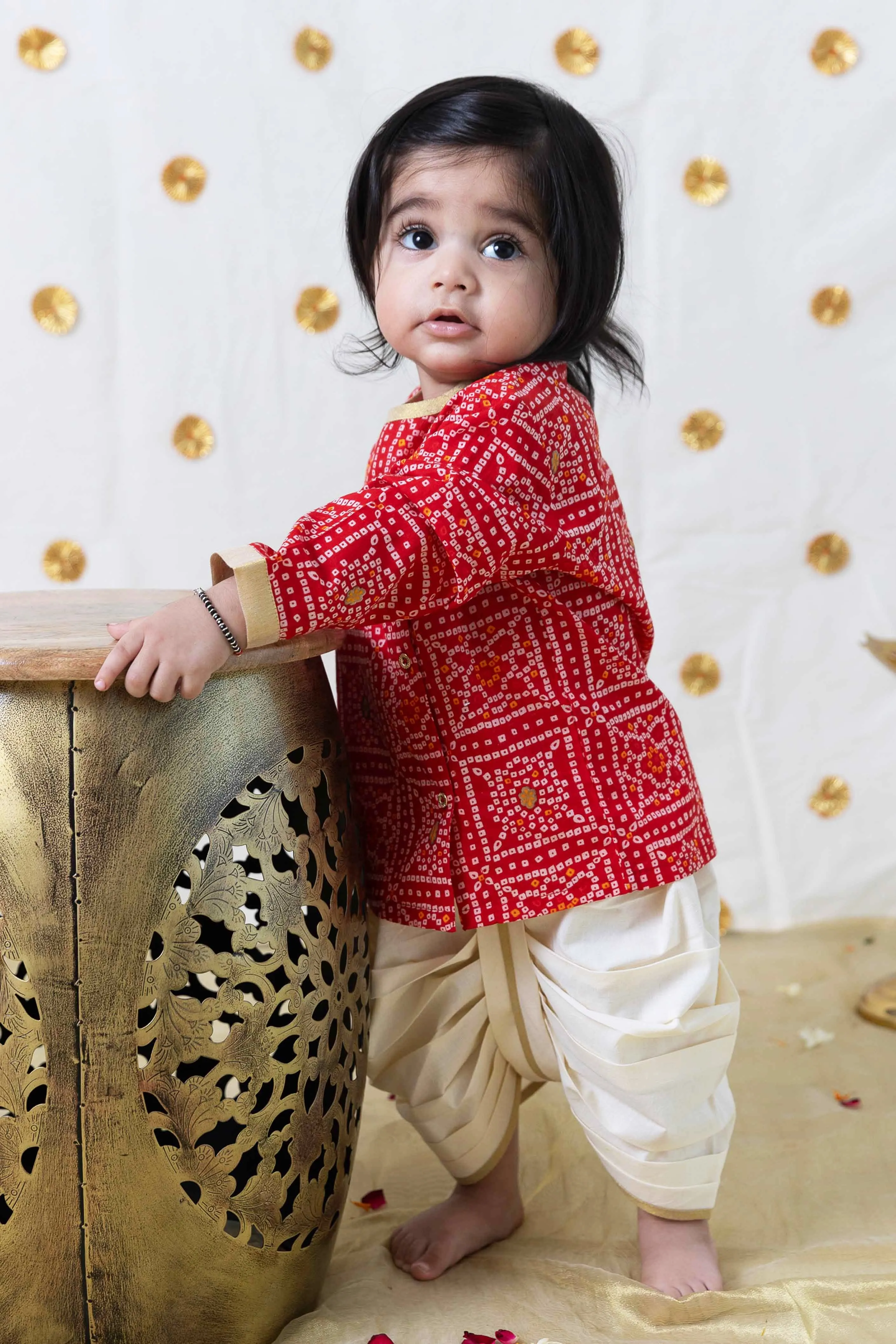 Baby Boy Bandhani Print Cotton Dhoti Kurta Set - Red