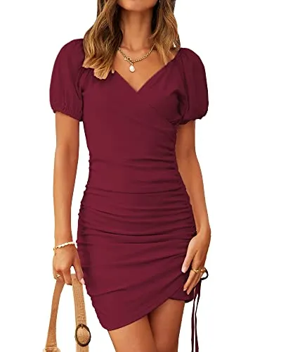 BTFBM Women's 2023 Fashion Bodycon Ruched Mini Dress V Neck Puff Short Sleeve Wrap Drawstring Ribbed Party Club Dresses(Solid Wine Red, X-Large)