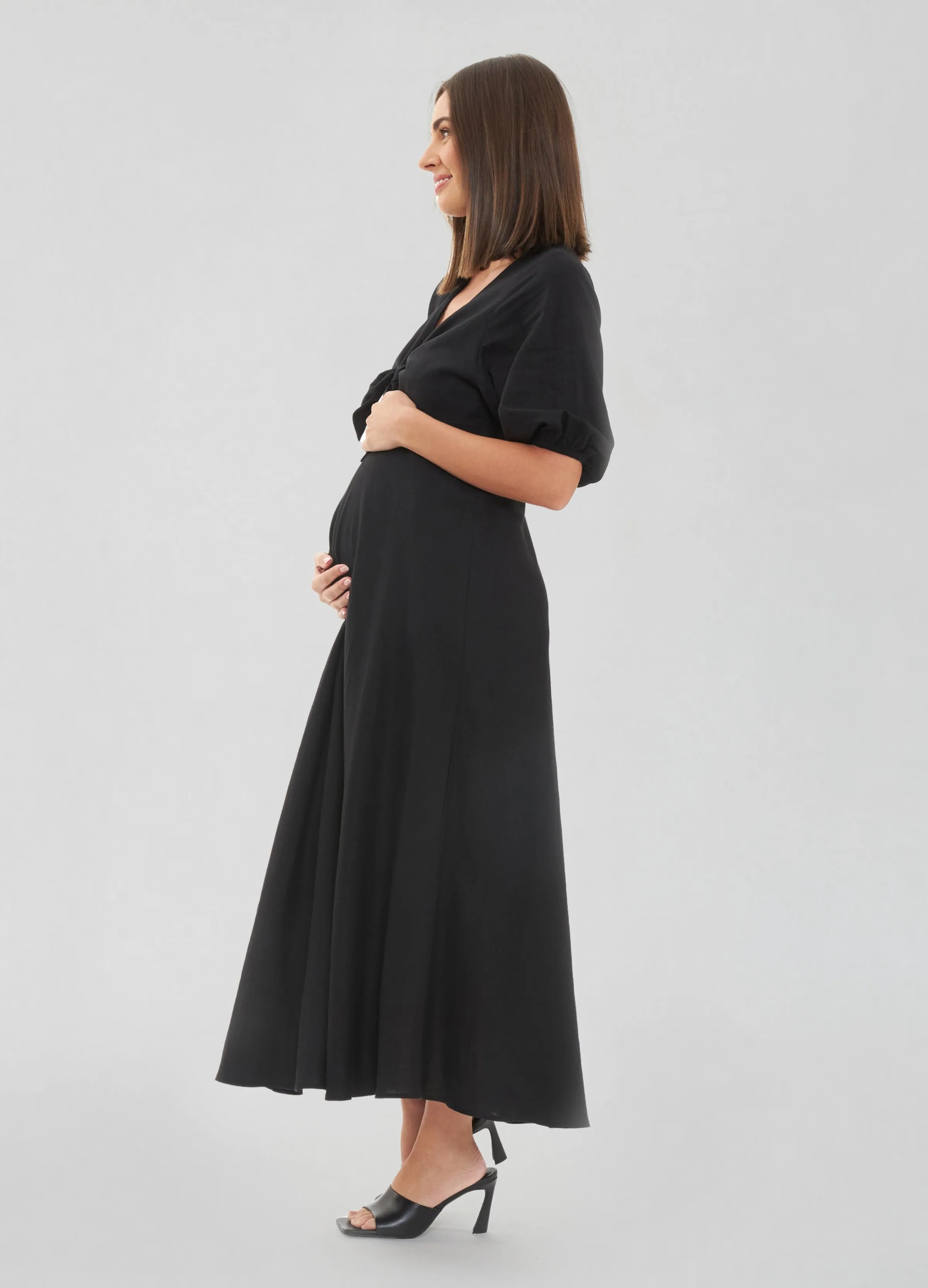 Camille Tie Front Linen Maternity Midi Dress