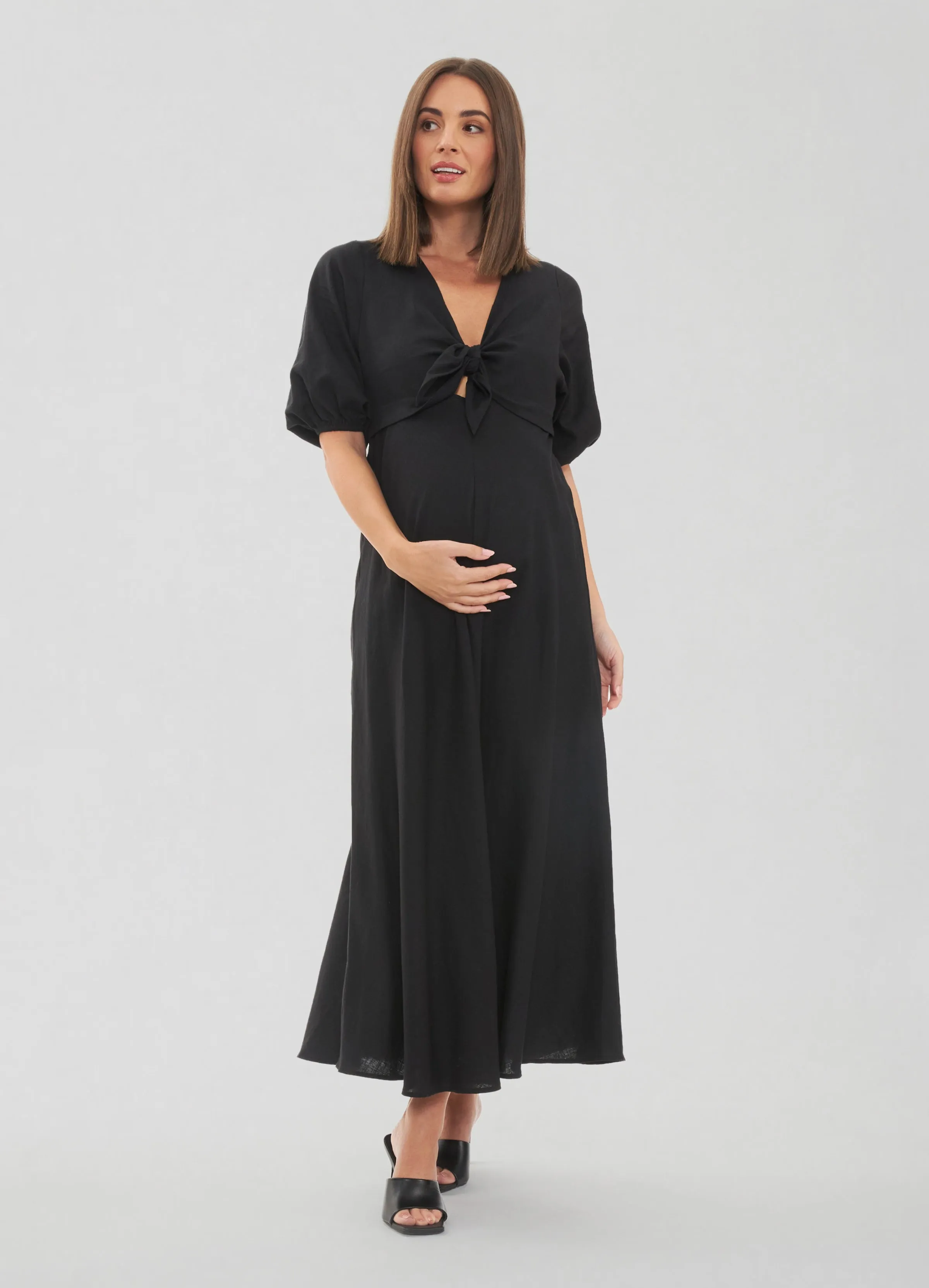 Camille Tie Front Linen Maternity Midi Dress