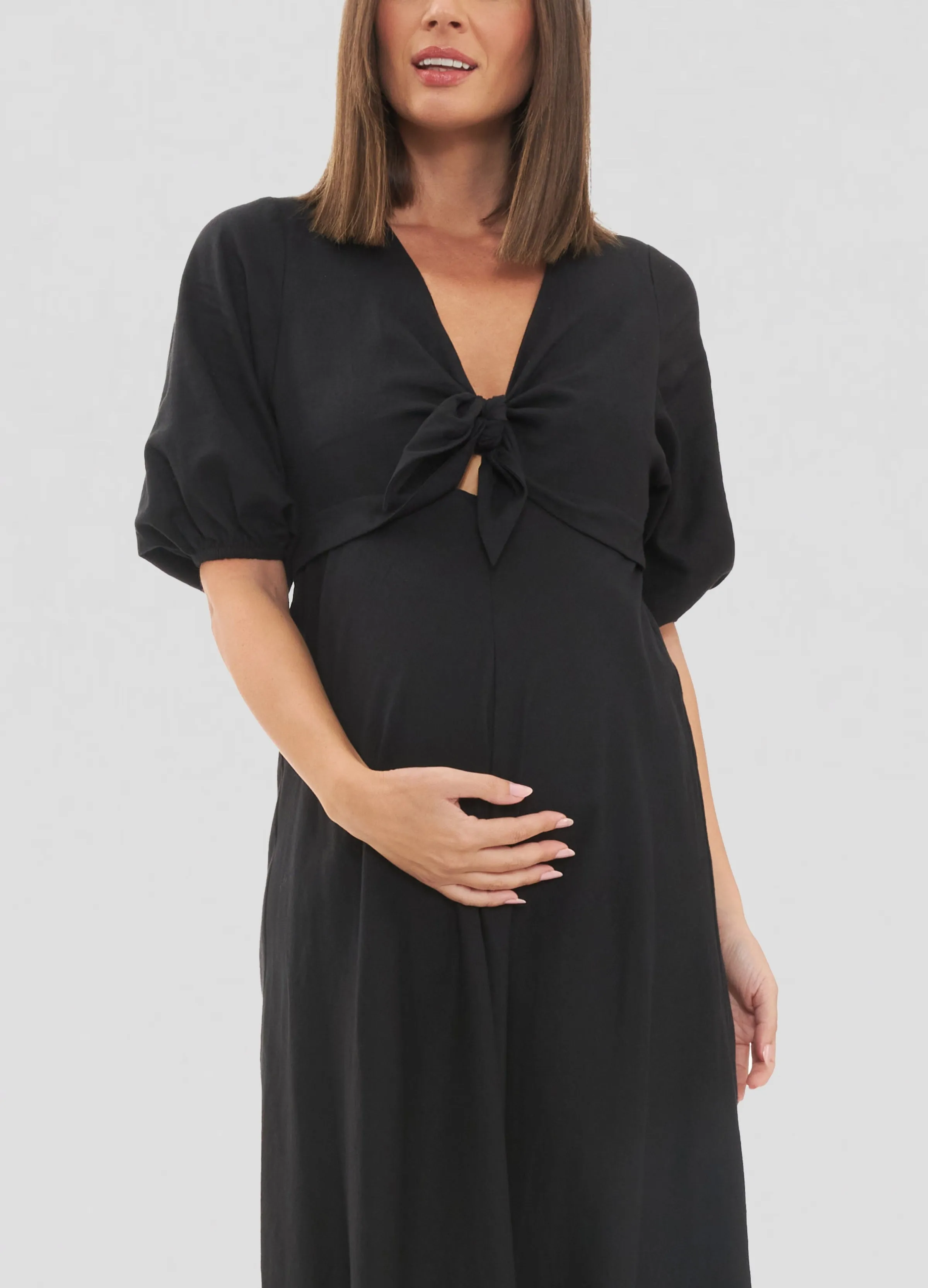 Camille Tie Front Linen Maternity Midi Dress