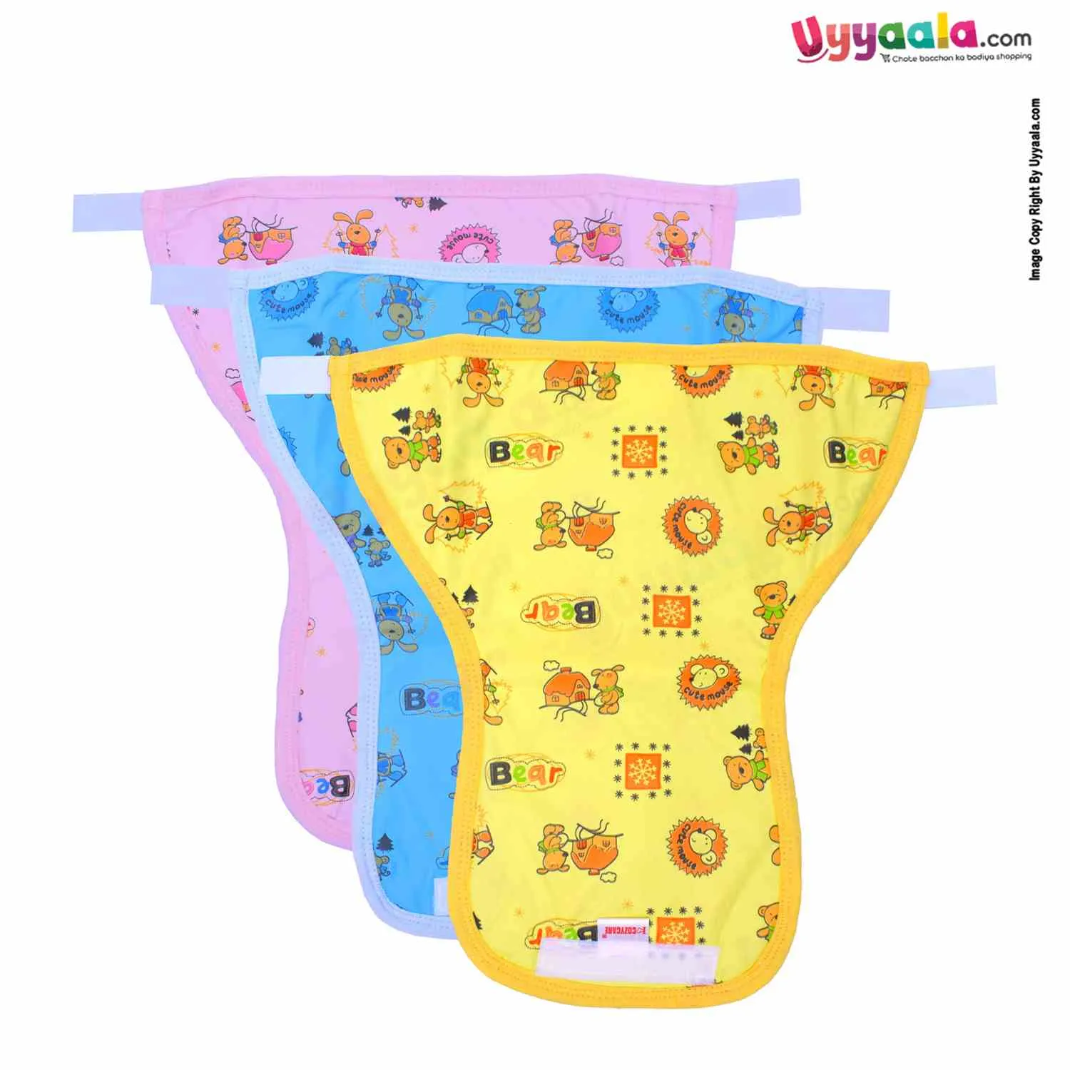 COZYCARE Washable Diapers Plastic ,Velcro Bear Print Pink, Blue & Yellow without Pads-3P Set (L)