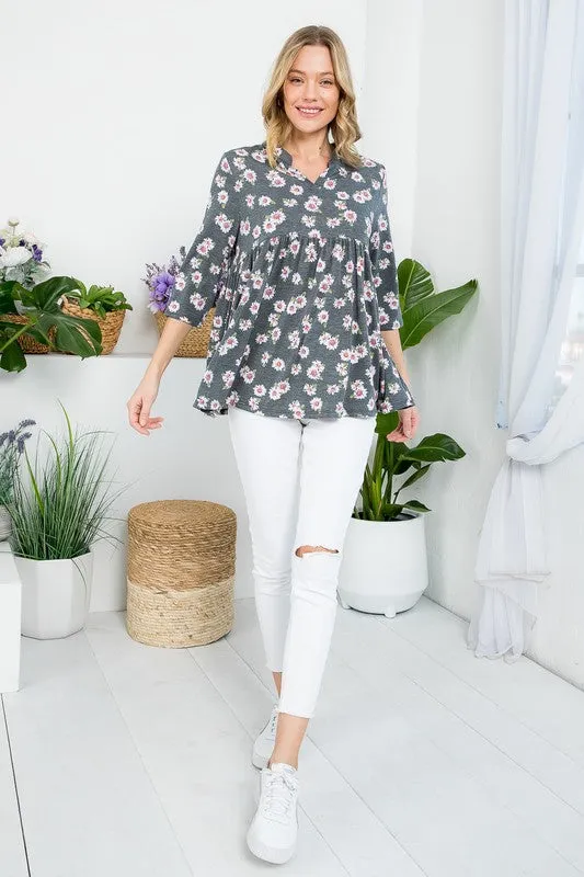 Floral Split Neckline Babydoll Tunic