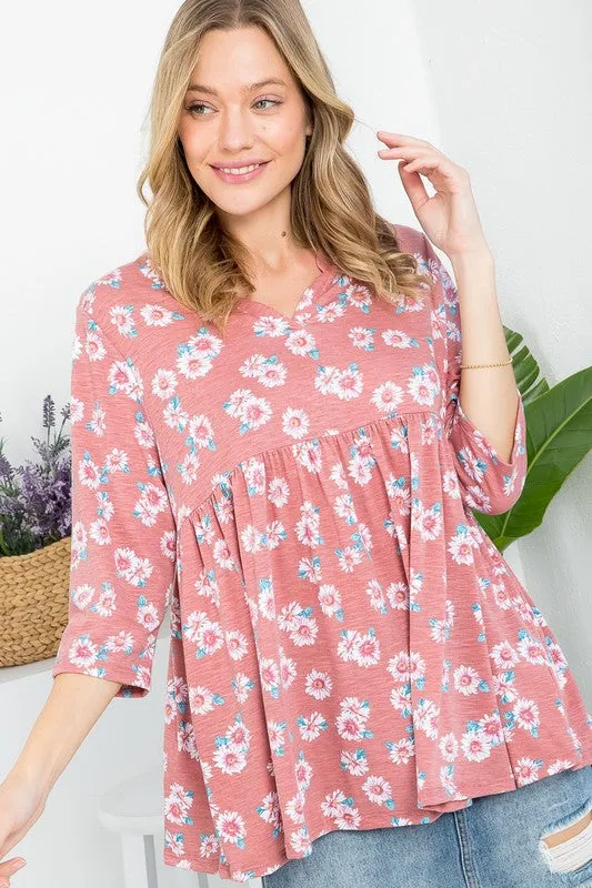 Floral Split Neckline Babydoll Tunic