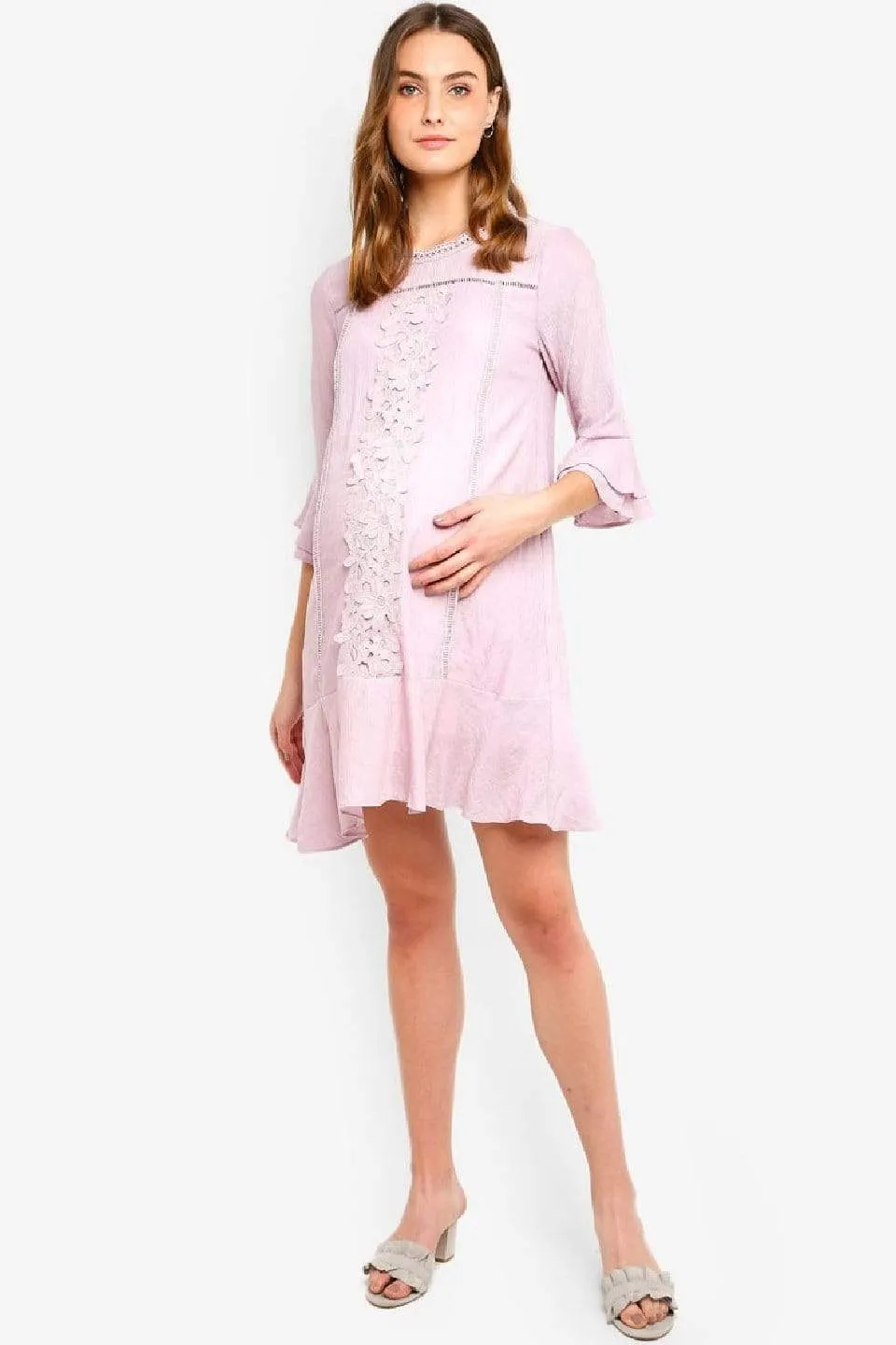 Flounce Long Sleeves Chandra Nursing Dress Pink