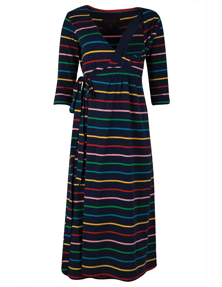 Frugi Adult Indigo Rainbow Stripe Rico Wrap Dress