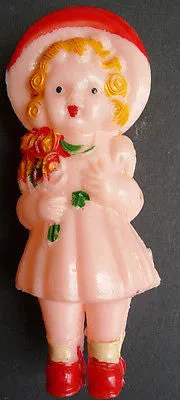 Gorgeous Vintage  Doll Rattle - Little Girl With Flowers - 9cm tall