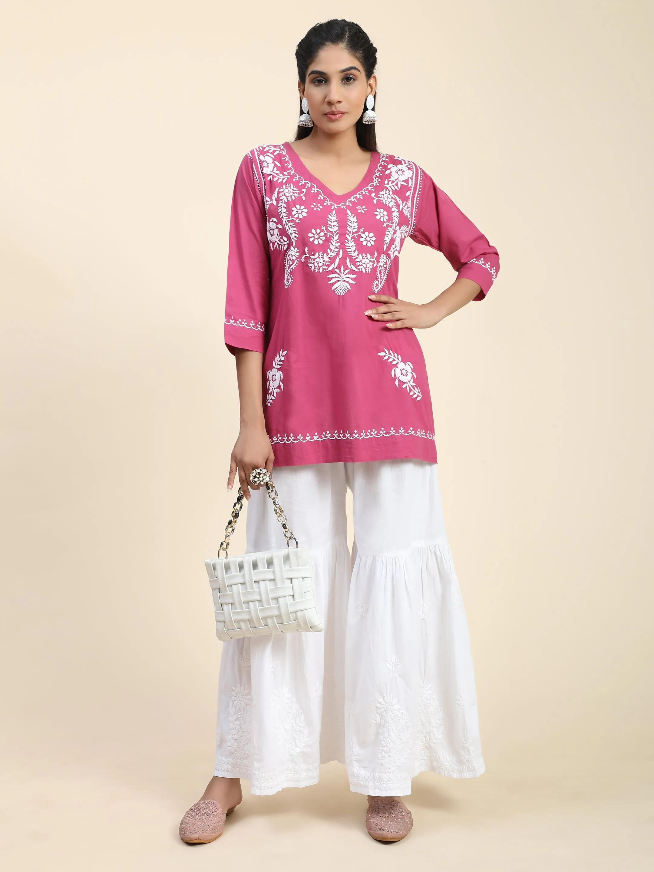 Hand Embroidery Chinakari Short Cotton Tunics- Pink