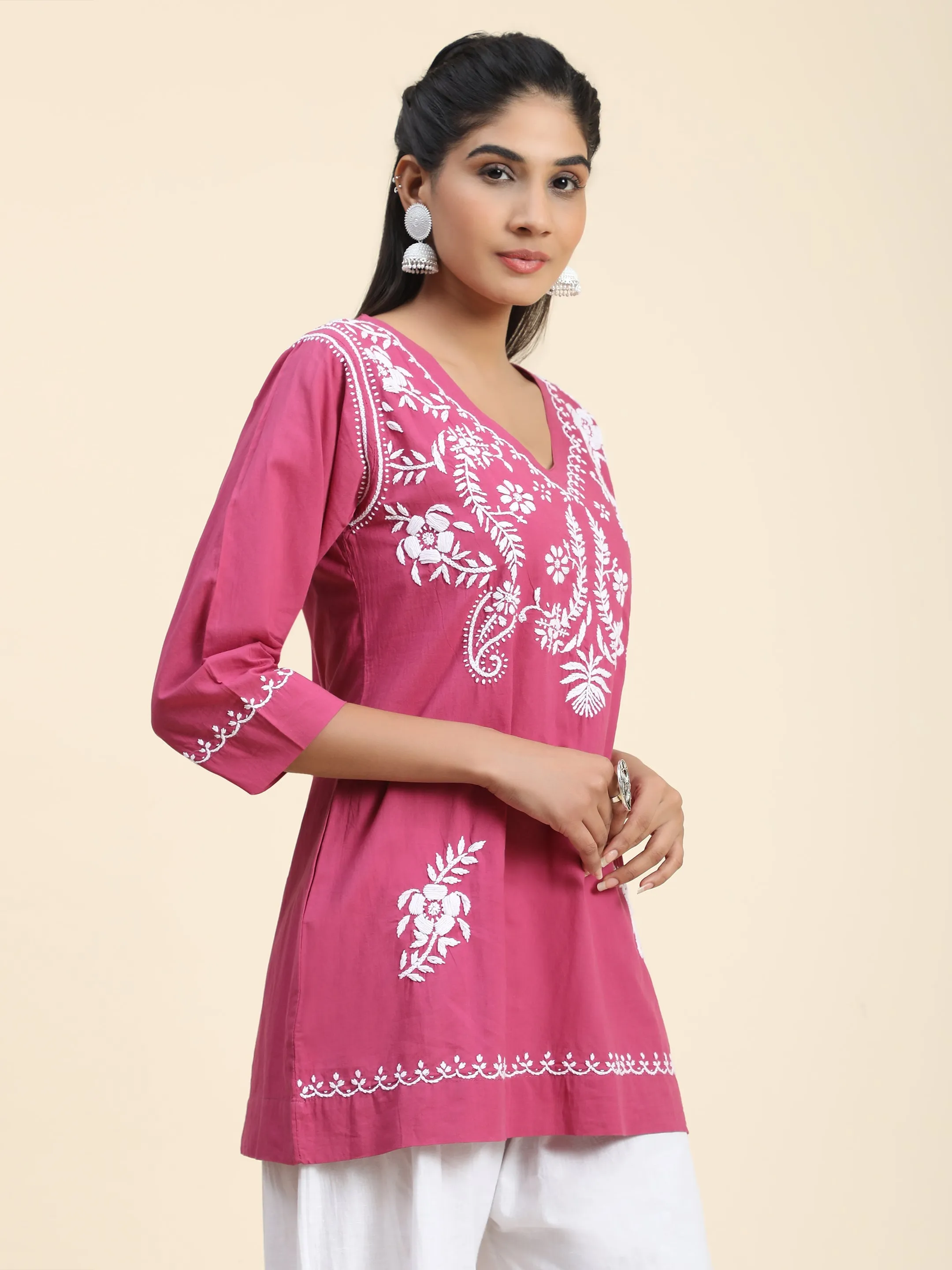 Hand Embroidery Chinakari Short Cotton Tunics- Pink