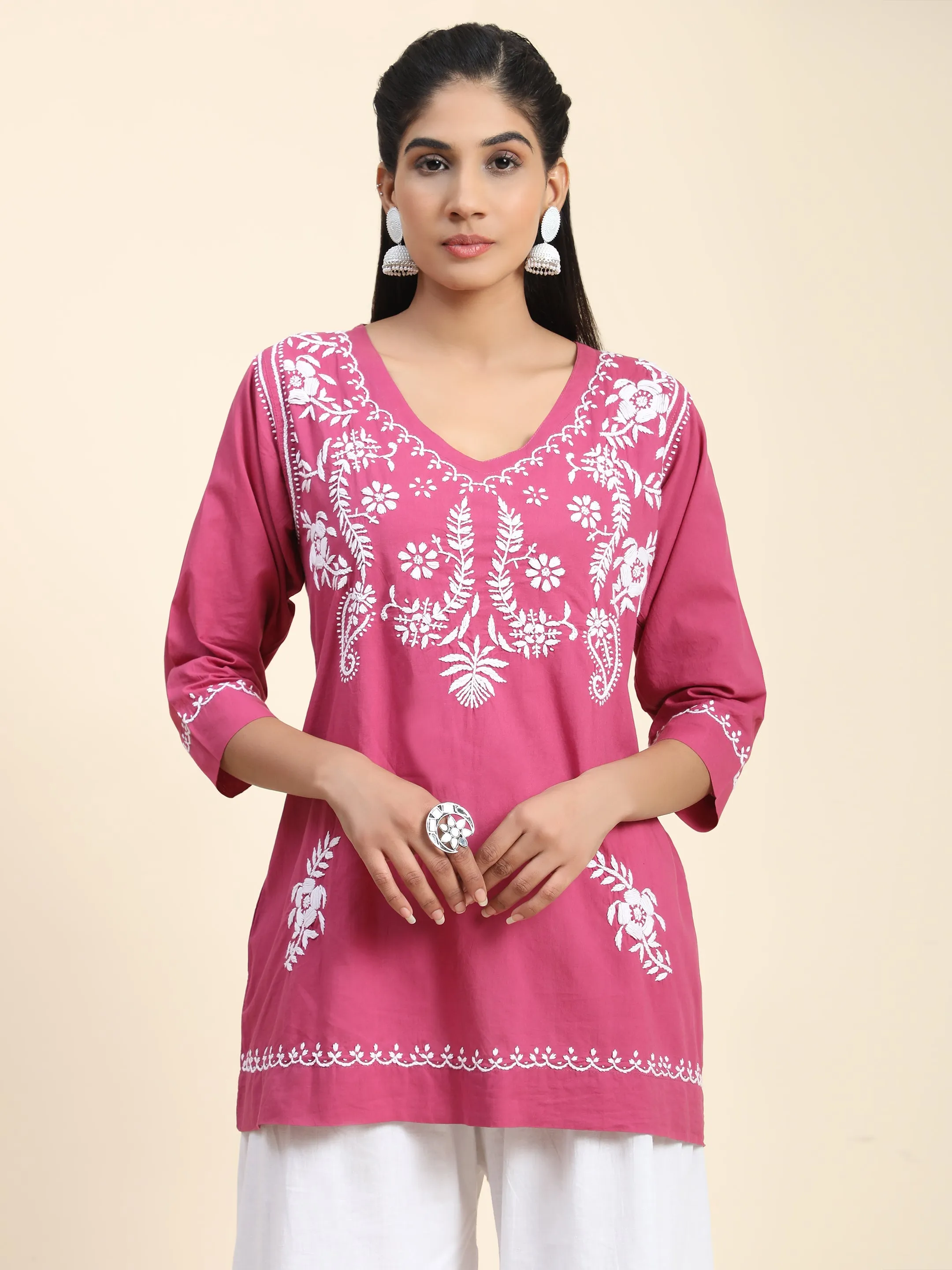 Hand Embroidery Chinakari Short Cotton Tunics- Pink