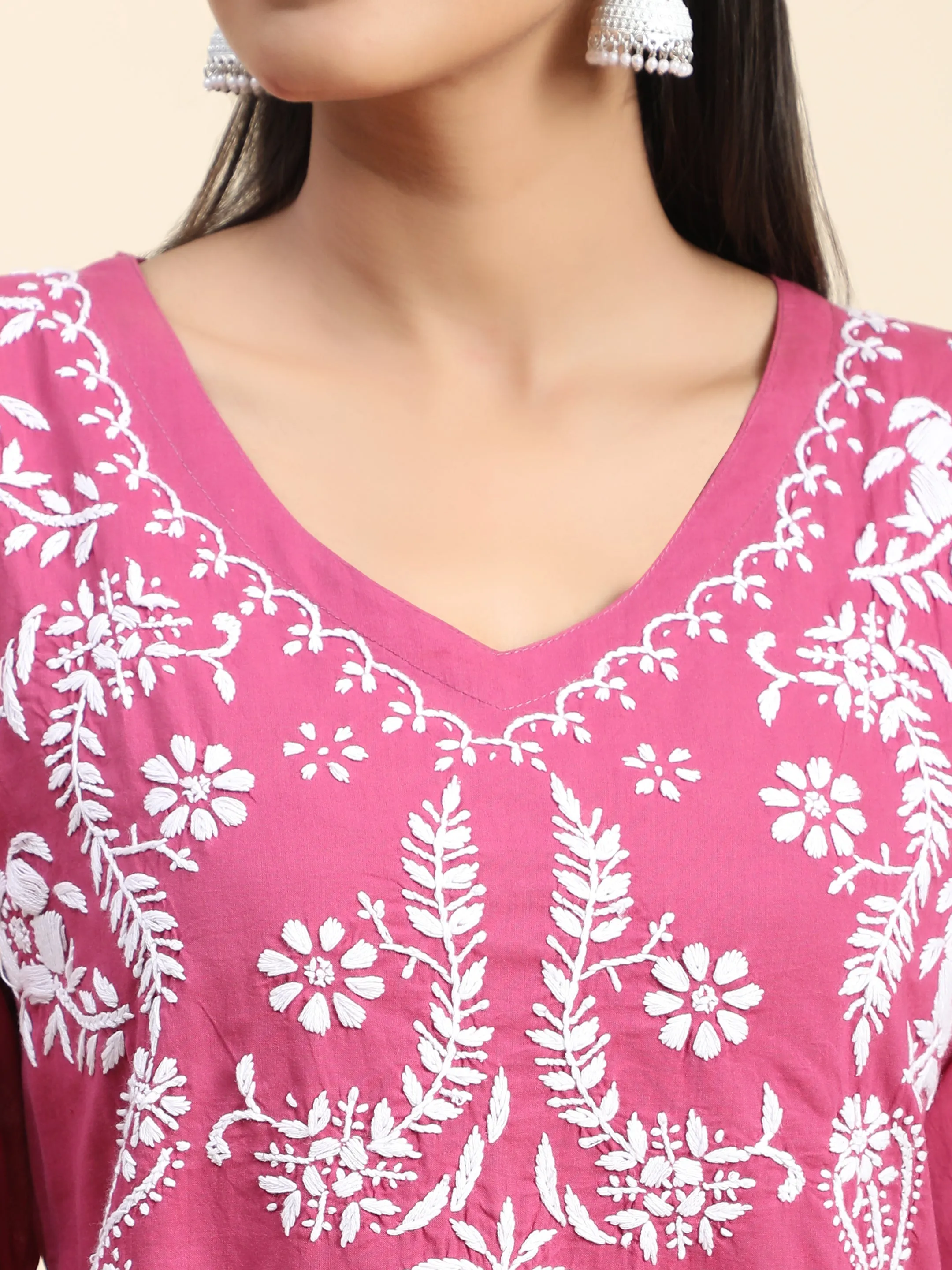 Hand Embroidery Chinakari Short Cotton Tunics- Pink