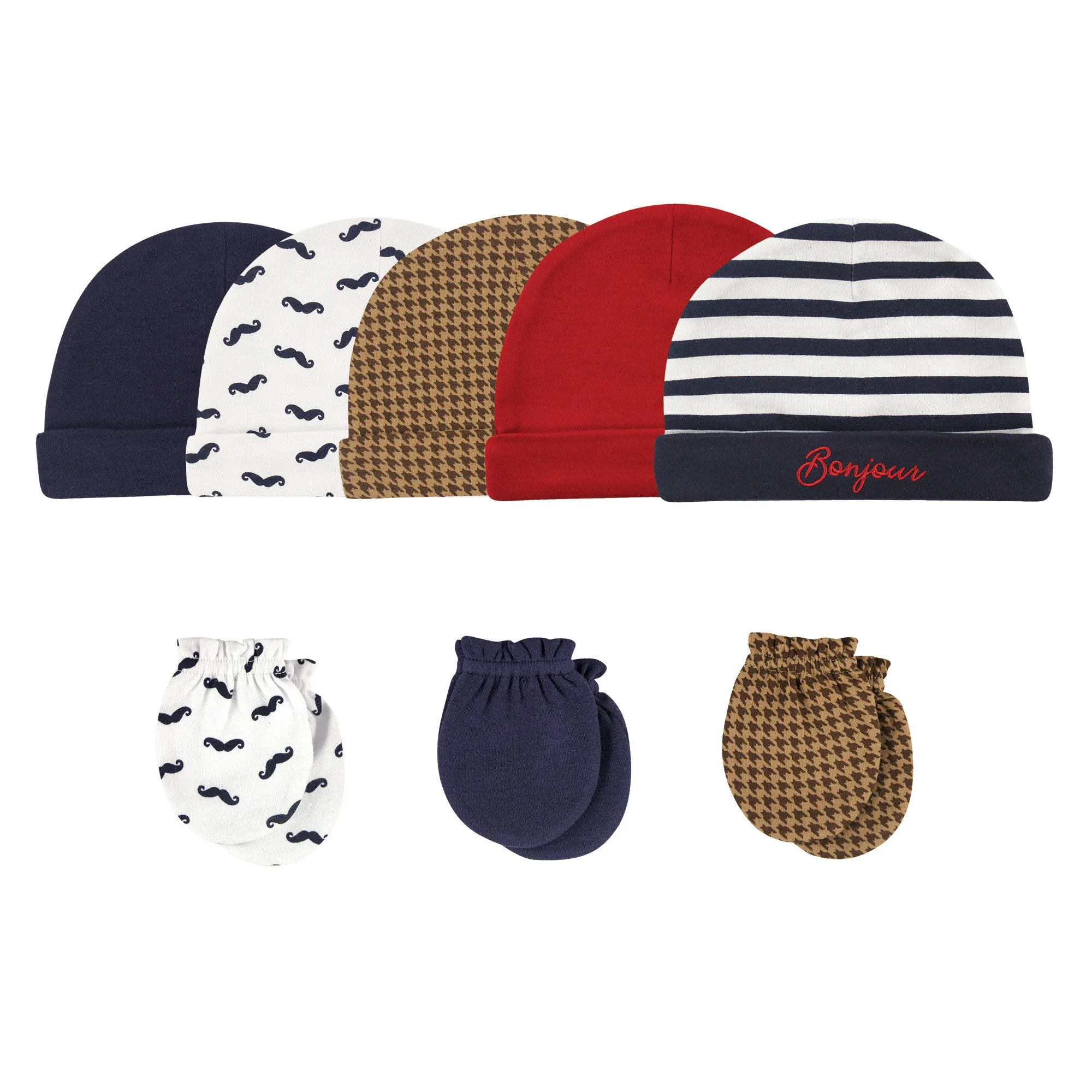 Hudson Baby Cotton Cap and Scratch Mitten Set, Bonjour