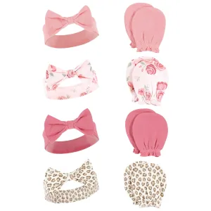 Hudson Baby Cotton Headband and Scratch Mitten Set, Blush Rose Leopard