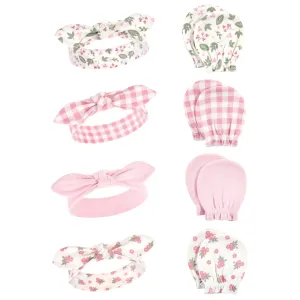 Hudson Baby Cotton Headband and Scratch Mitten Set, Gingham Floral