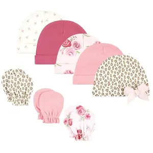 Hudson Baby Girls Cotton Cap and Scratch Mitten Set, Blush Rose/Leopard