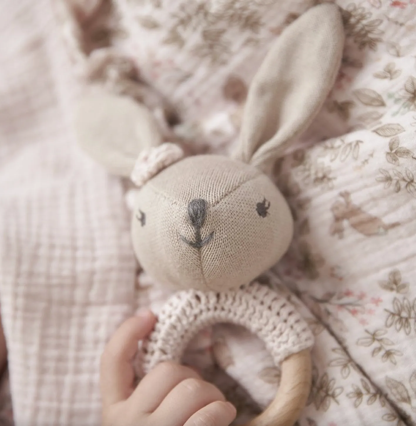 Knit Bunny Wooden Baby Rattle