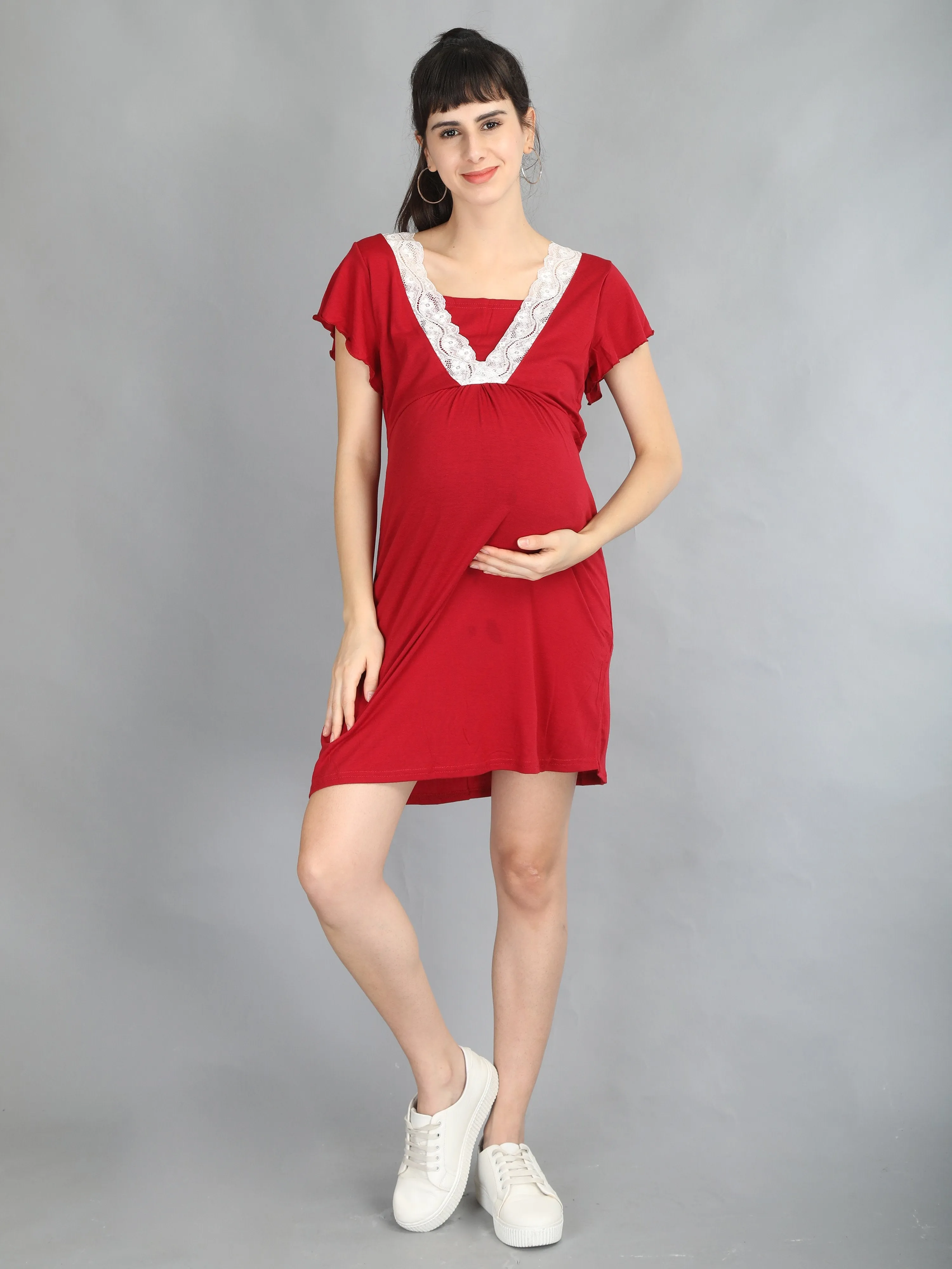 Lace Wine Maternity and Nursing Dress