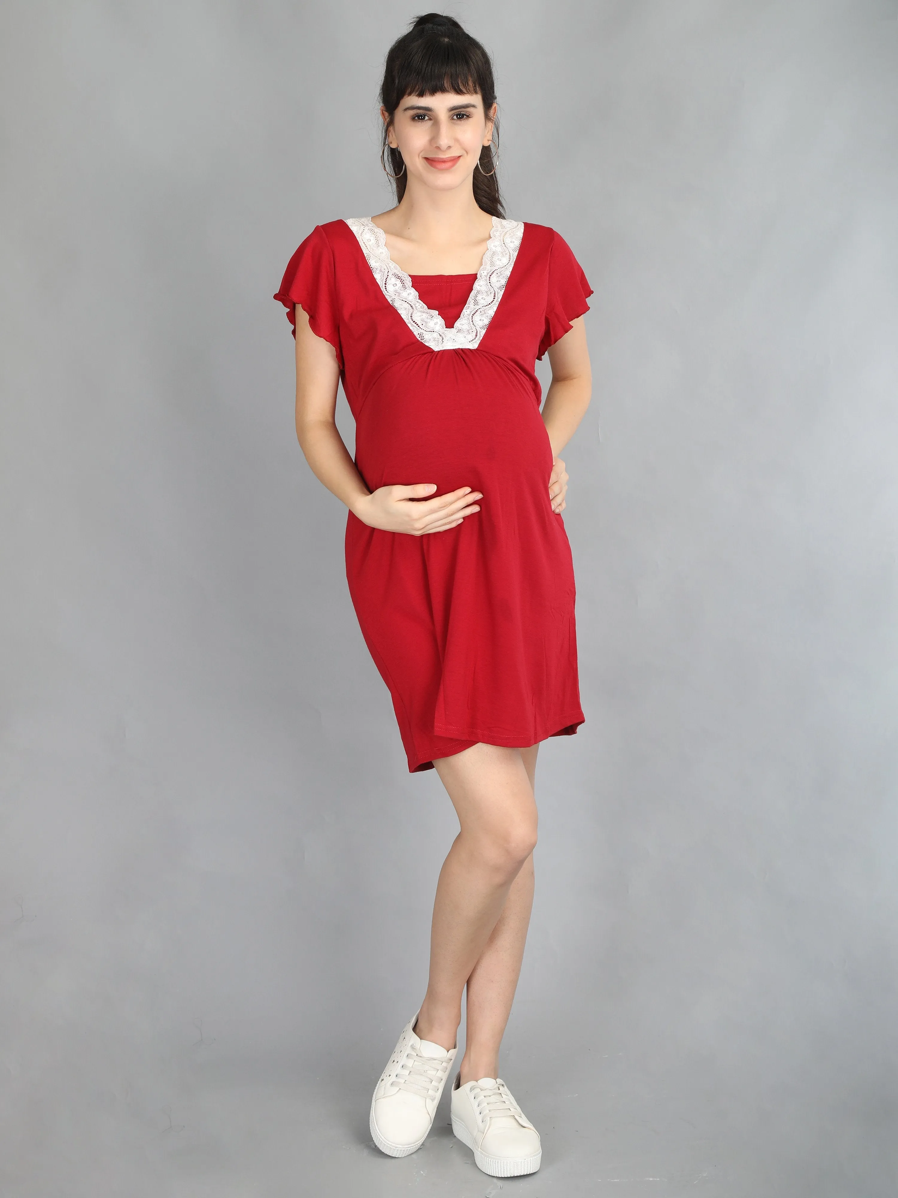 Lace Wine Maternity and Nursing Dress