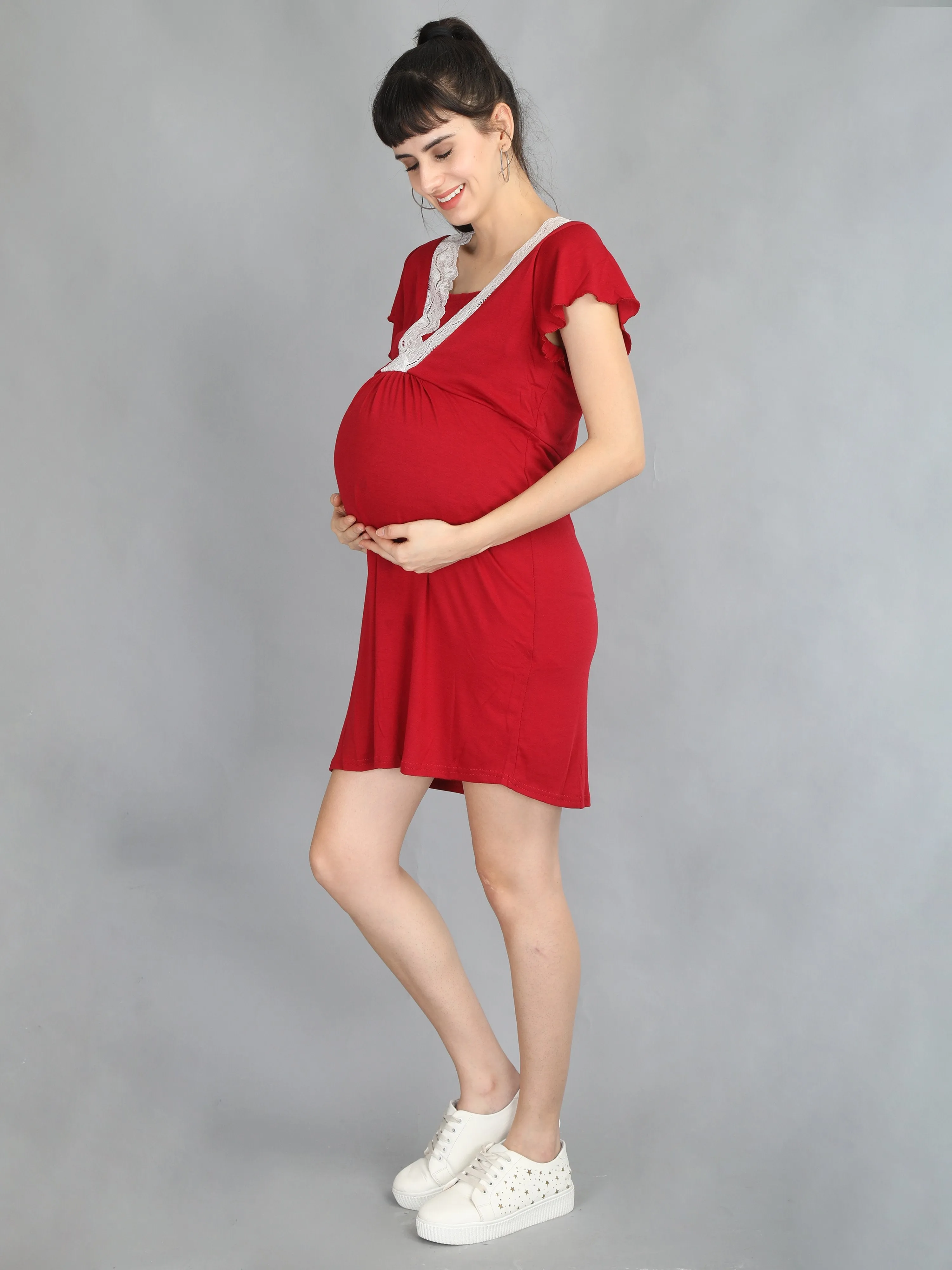 Lace Wine Maternity and Nursing Dress