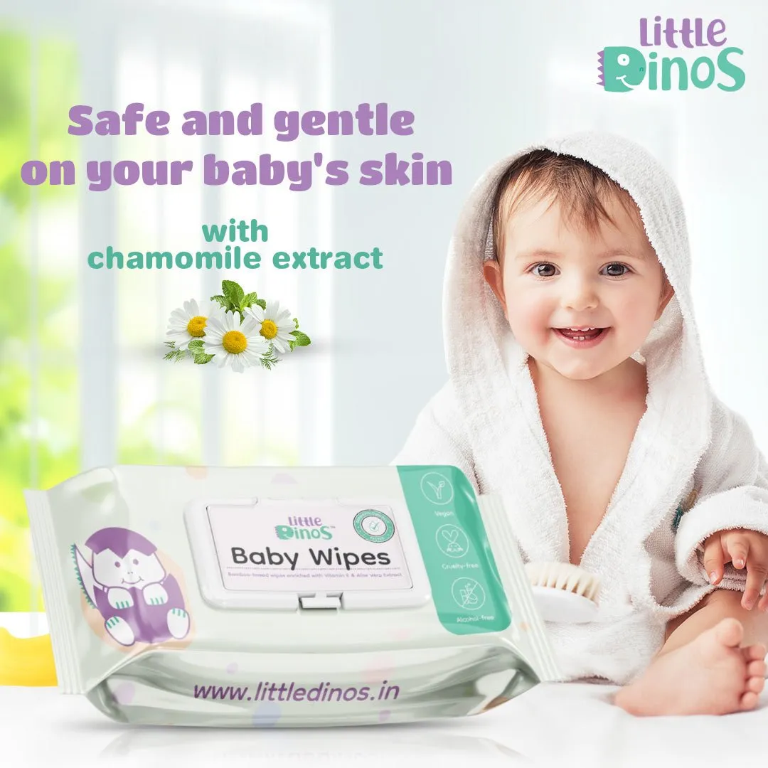 Little Dinos Gentle Baby Wipes with Lid|Bamboo Based Organic Wet Water Wipes