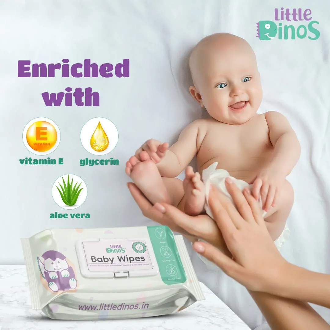 Little Dinos Gentle Baby Wipes with Lid|Bamboo Based Organic Wet Water Wipes