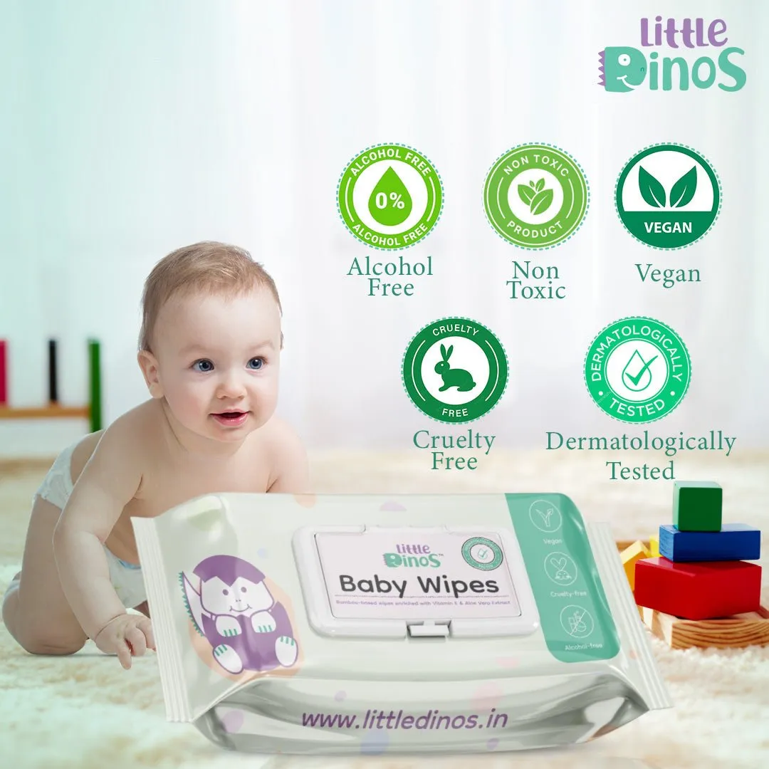 Little Dinos Gentle Baby Wipes with Lid|Bamboo Based Organic Wet Water Wipes