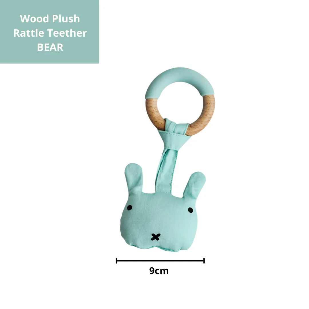 Little Rawr Wood Plush Rattle Teether Toy- BEAR Shape- Blue