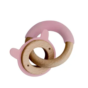 Little Rawr Wood   Silicone Disc & Ring Teether - RABBIT Shape- Pink