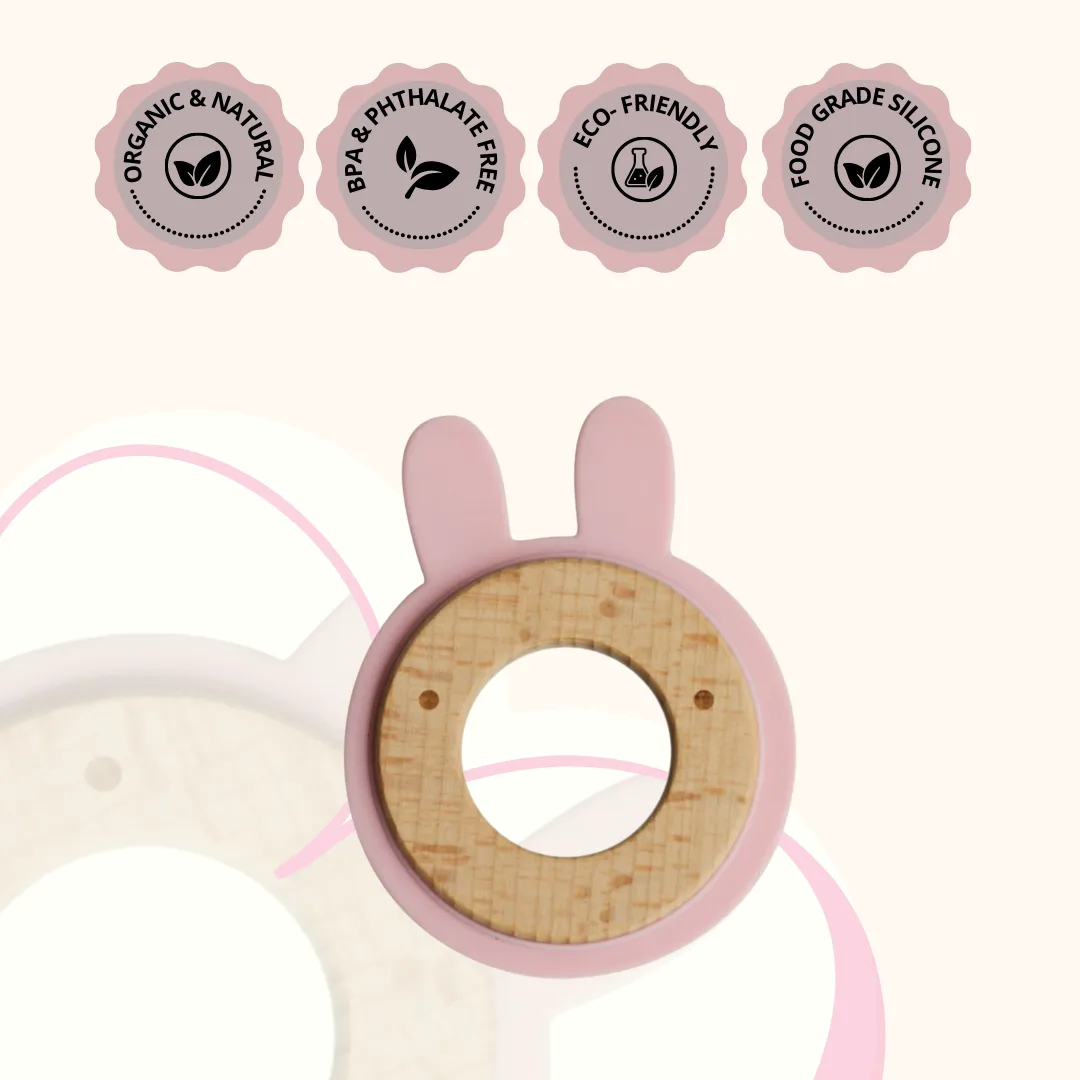 Little Rawr Wood   Silicone Disc Teether- Rabbit(Pink)