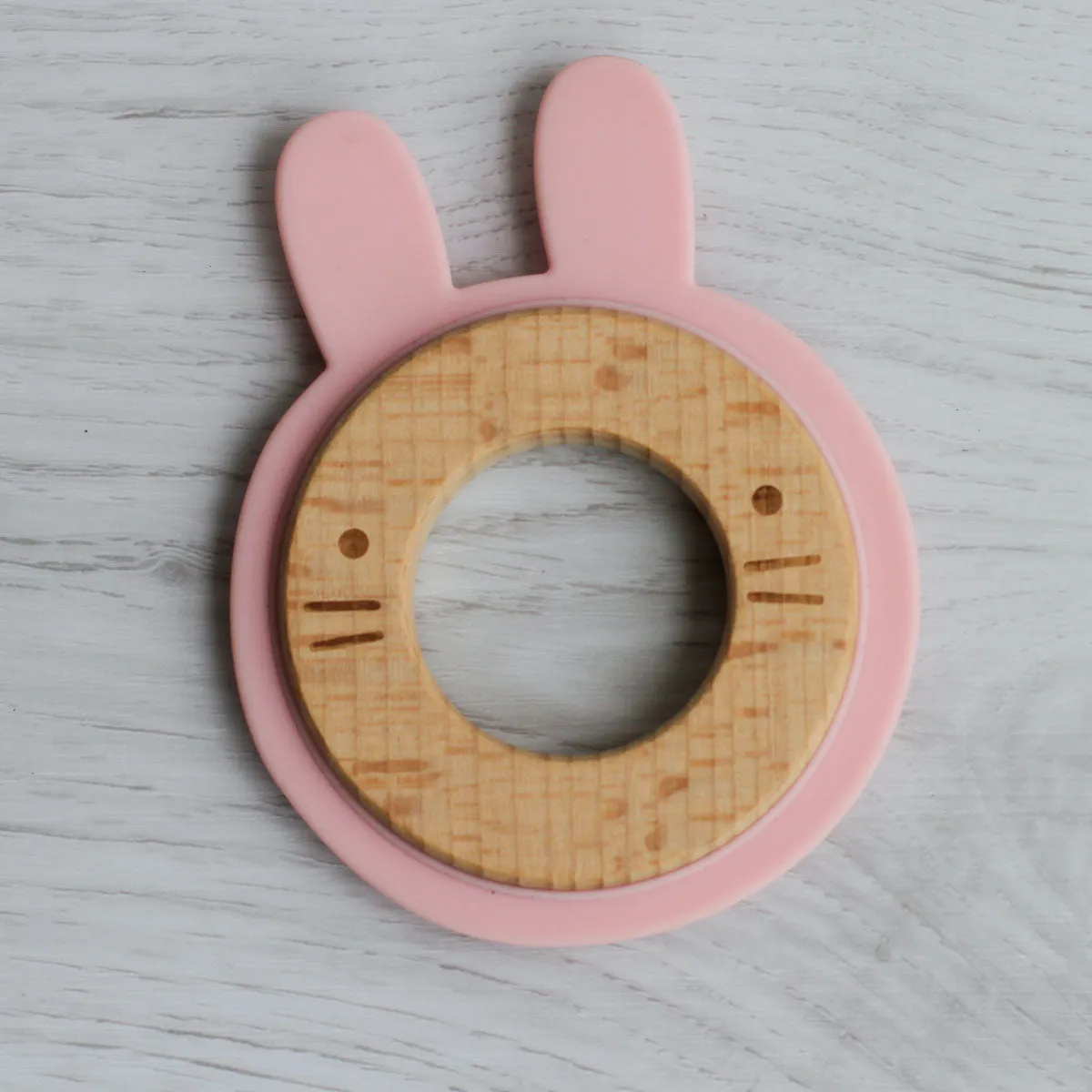 Little Rawr Wood   Silicone Disc Teether- Rabbit(Pink)