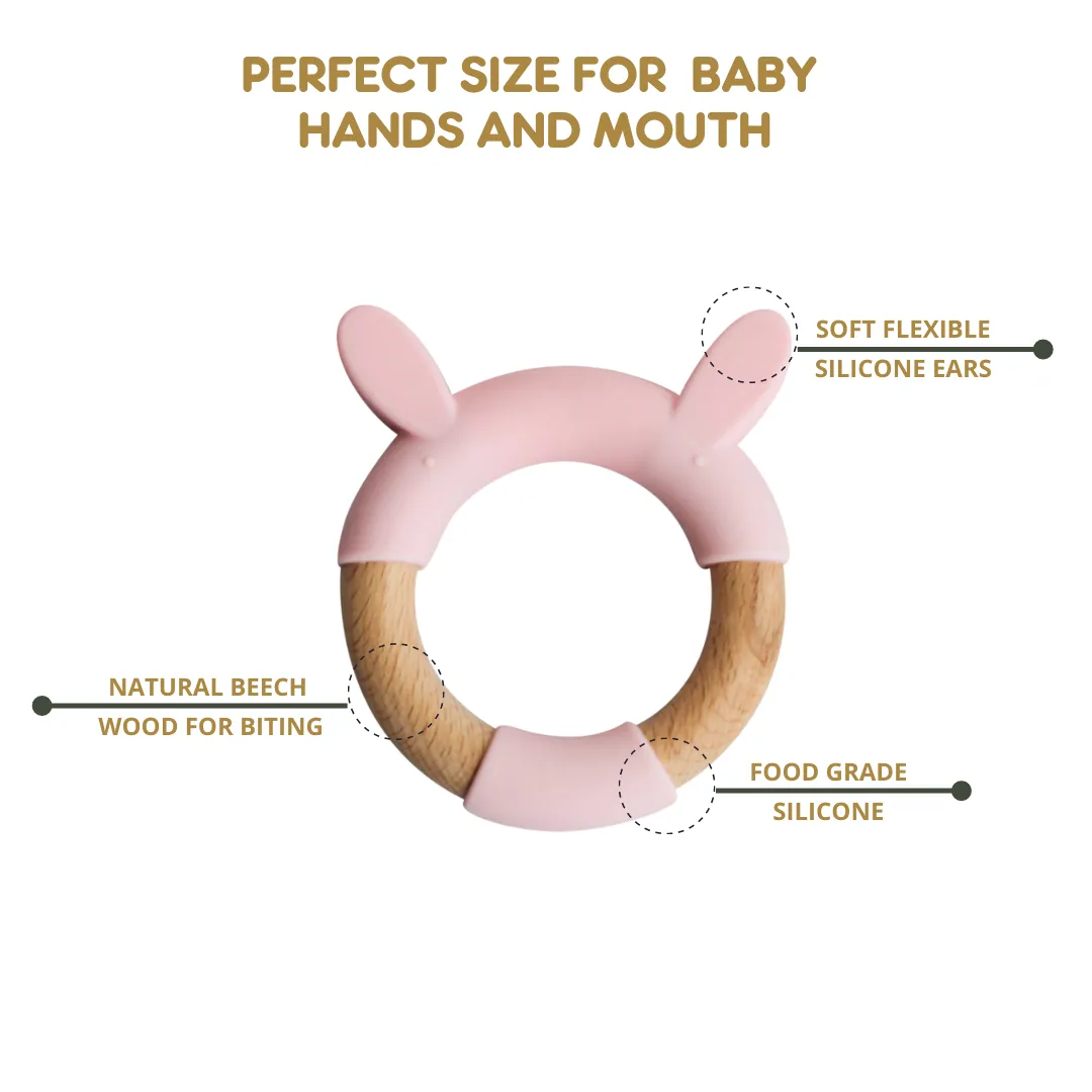 Little Rawr Wood   Silicone Teether Ring - RABBIT Shape- Pink