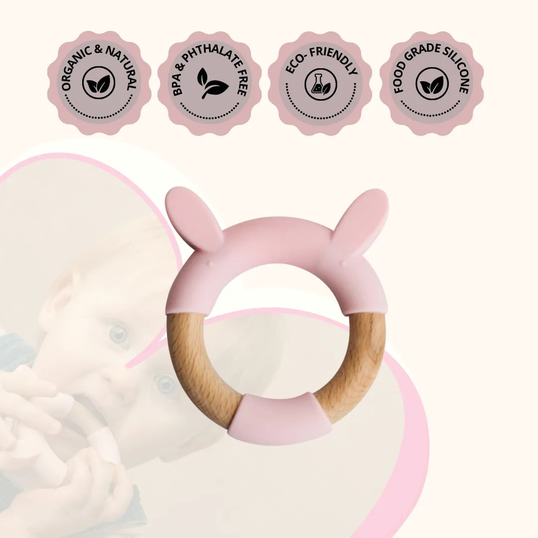 Little Rawr Wood   Silicone Teether Ring - RABBIT Shape- Pink