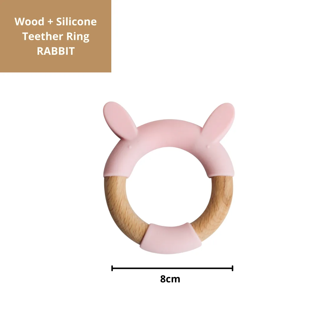 Little Rawr Wood   Silicone Teether Ring - RABBIT Shape- Pink