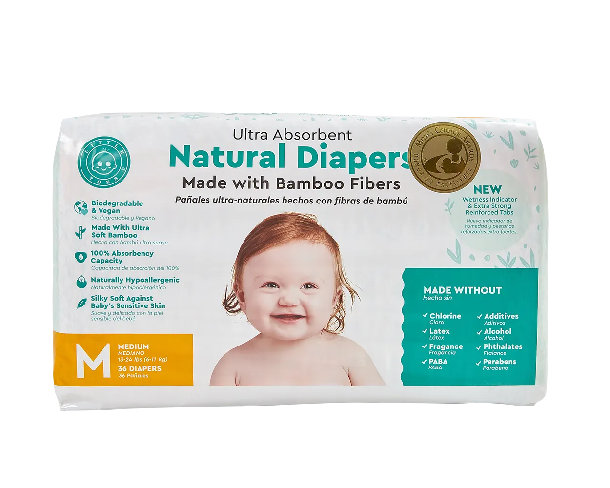 Little Toes Disposable Biodegradable Bamboo Diapers Monthly Value Pack (180 Count) Size - Medium or Large