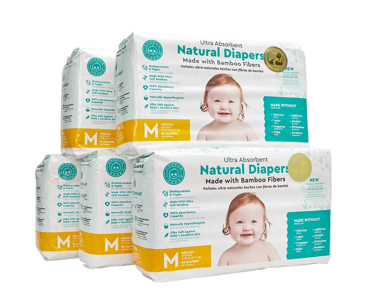 Little Toes Disposable Biodegradable Bamboo Diapers Monthly Value Pack (180 Count) Size - Medium or Large