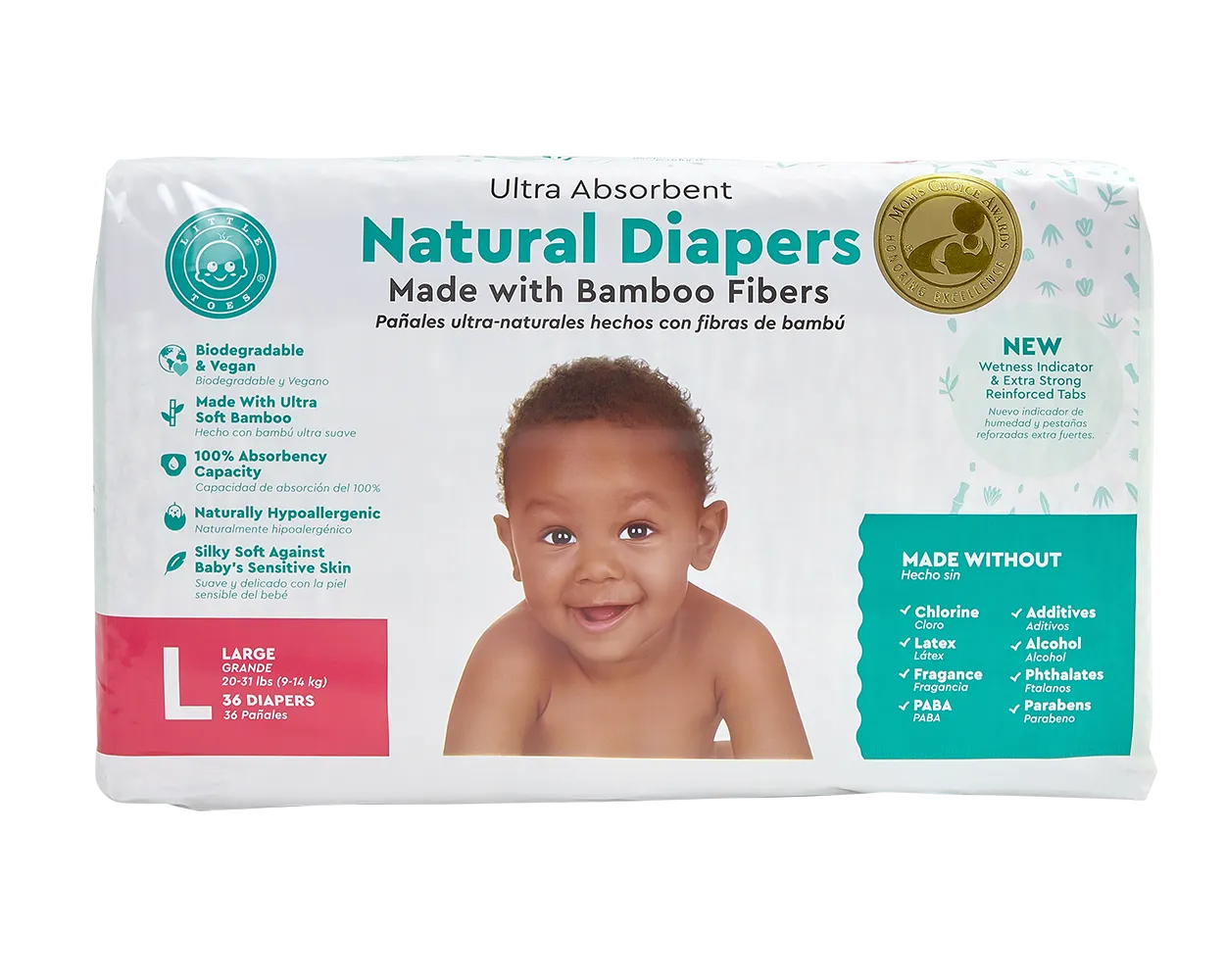 Little Toes Disposable Biodegradable Bamboo Diapers Monthly Value Pack (180 Count) Size - Medium or Large