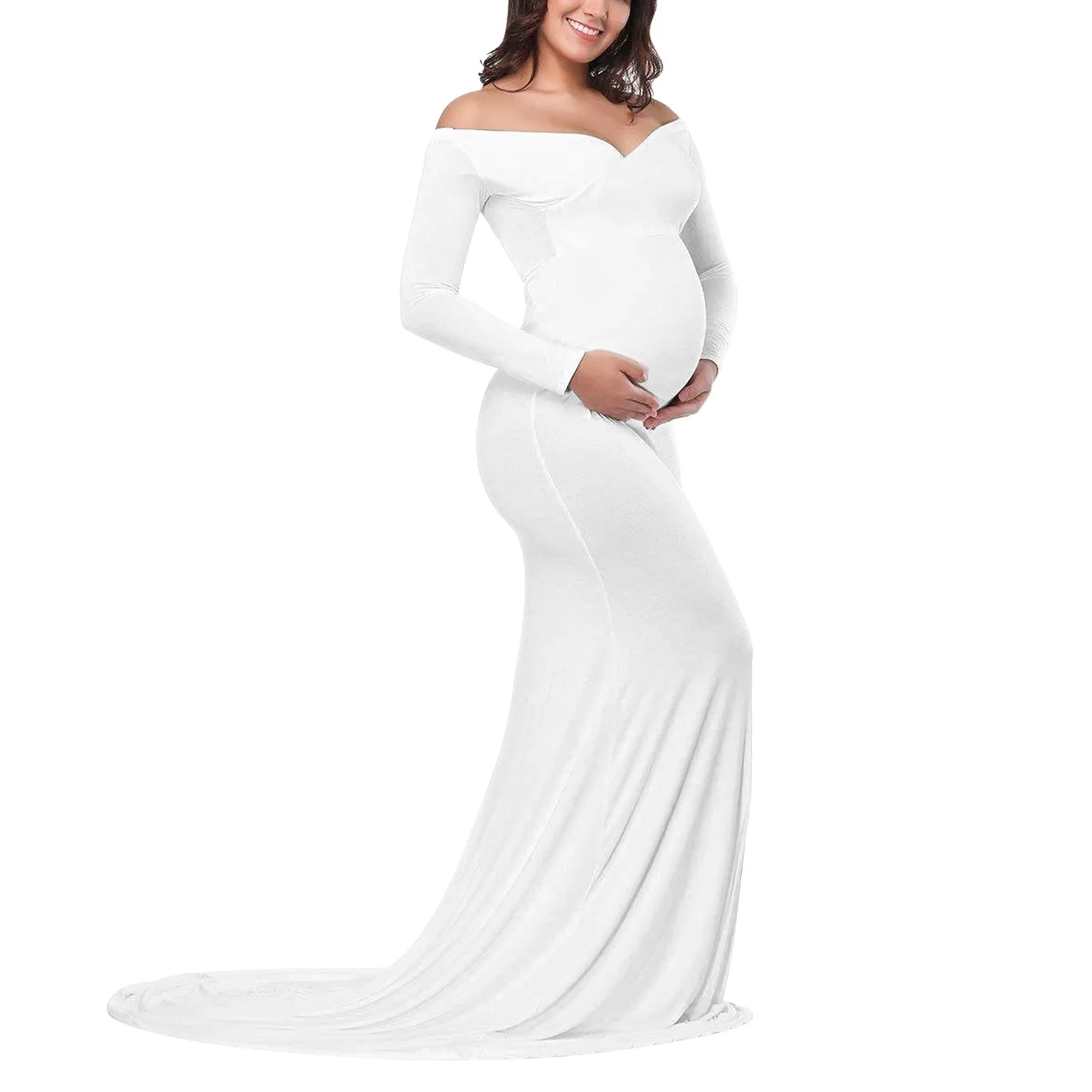 Maternity Dress for Photo Shoot, Women Long Sleeve Solid Off Shoulder Dress