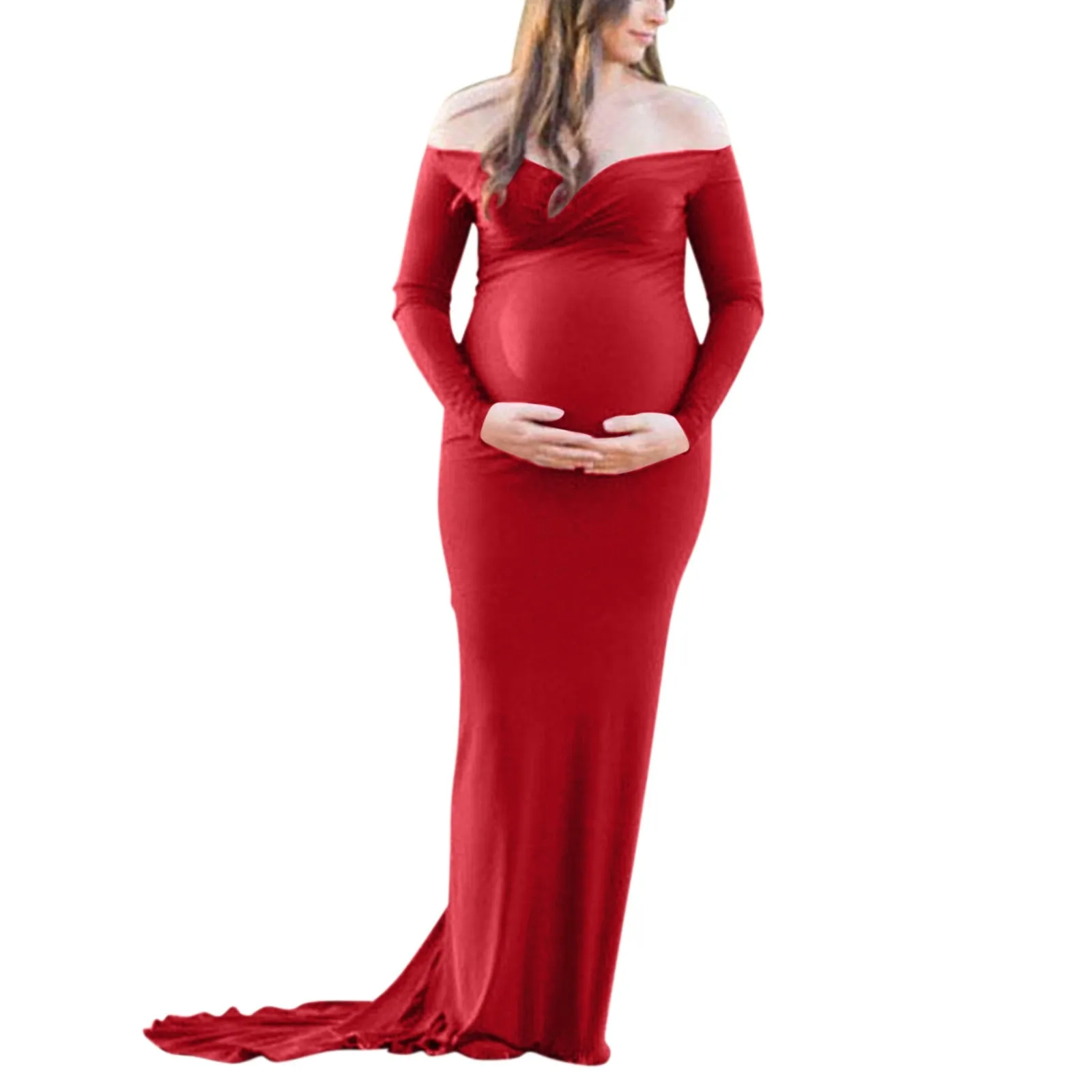 Maternity Dress for Photo Shoot, Women Long Sleeve Solid Off Shoulder Dress