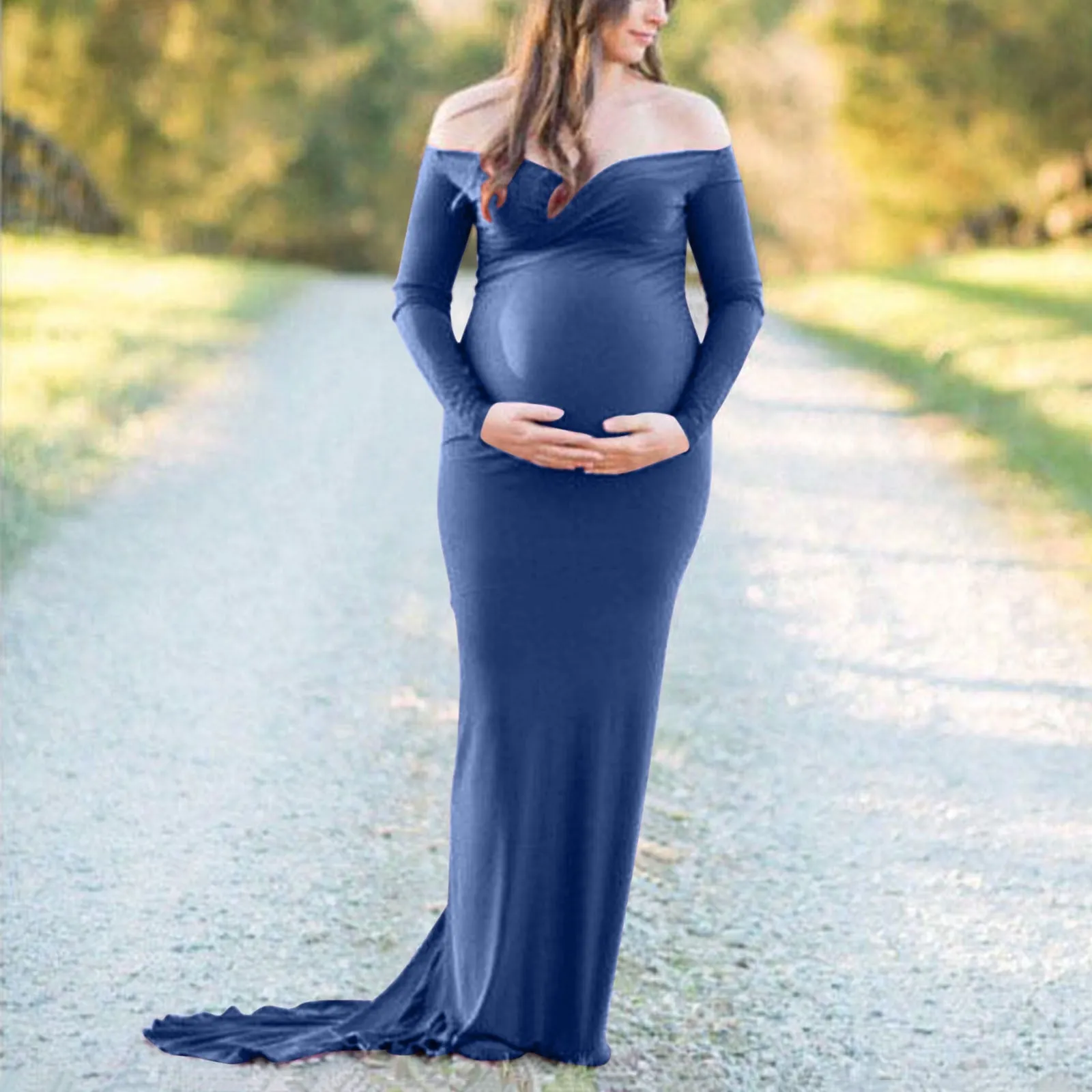 Maternity Dress for Photo Shoot, Women Long Sleeve Solid Off Shoulder Dress