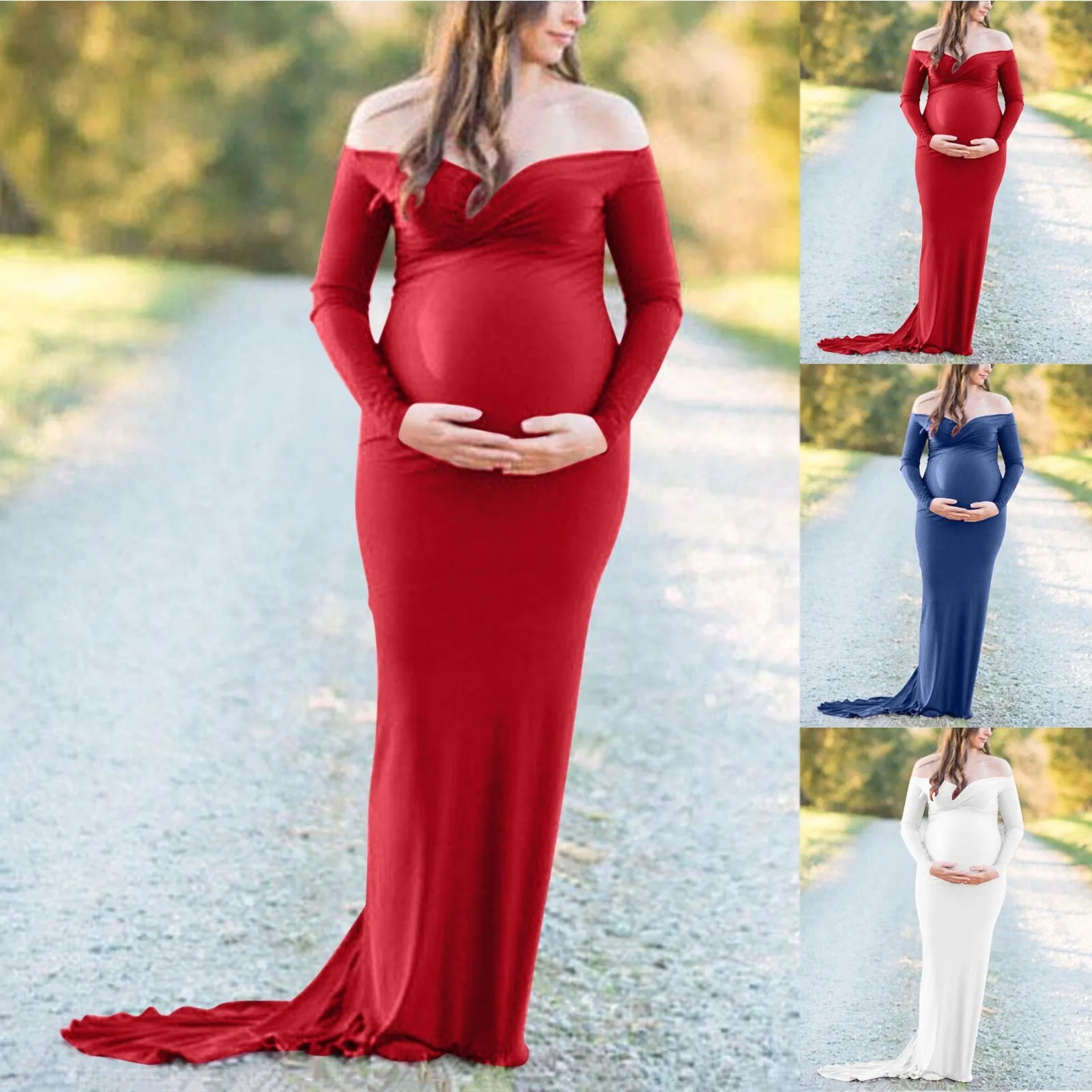 Maternity Dress for Photo Shoot, Women Long Sleeve Solid Off Shoulder Dress