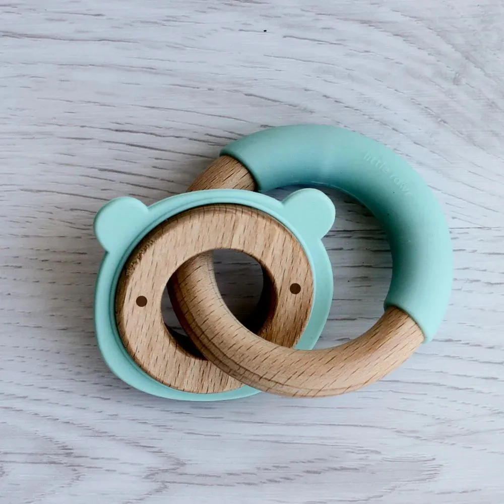 Personalized Wood and Silicone Disc & Ring Little Bear Teether