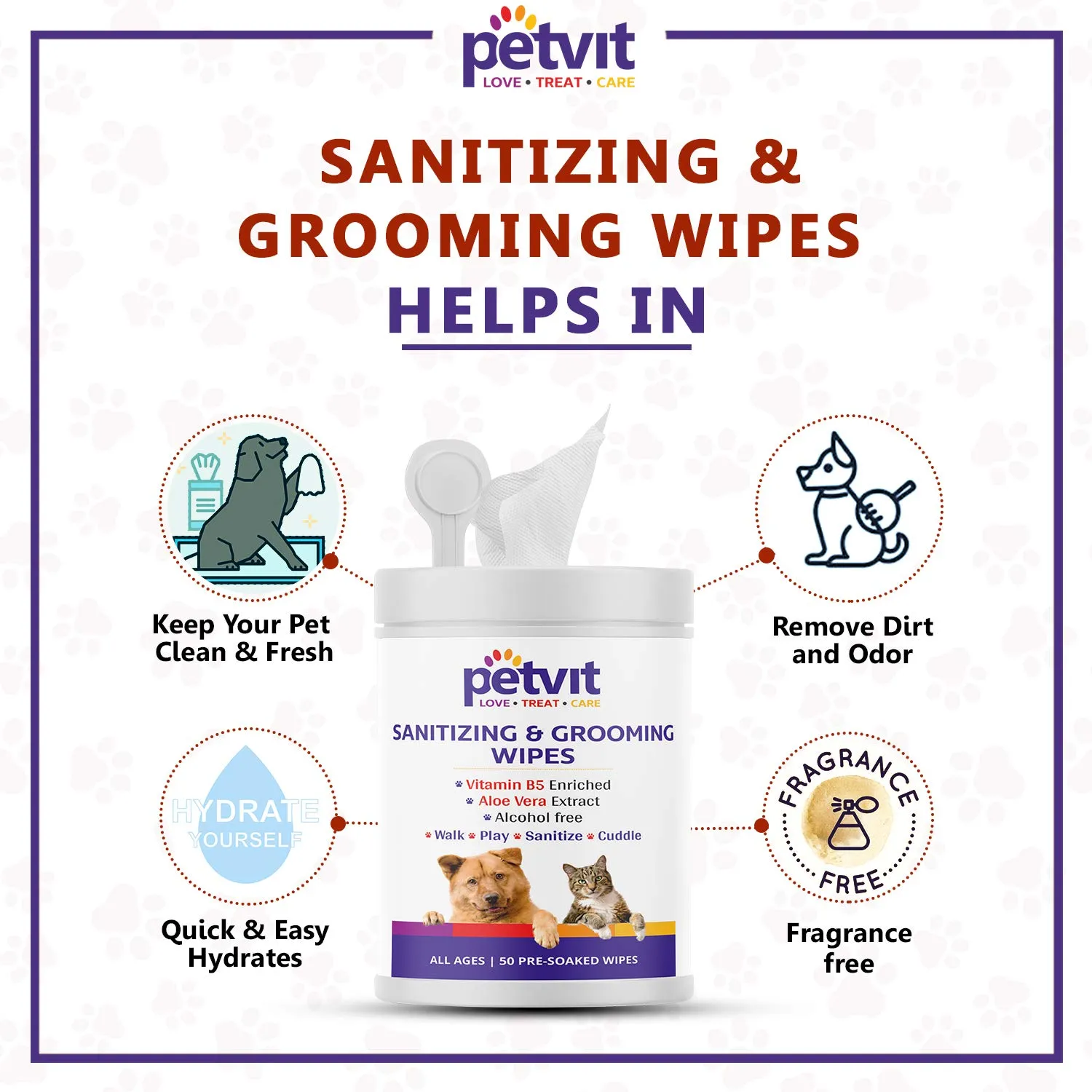 Petvit Cleansing & Grooming Wipes for Dog and Cat Enriched with Vitamin B5 and Aloe Vera - 50 Wipes | Pack of 2