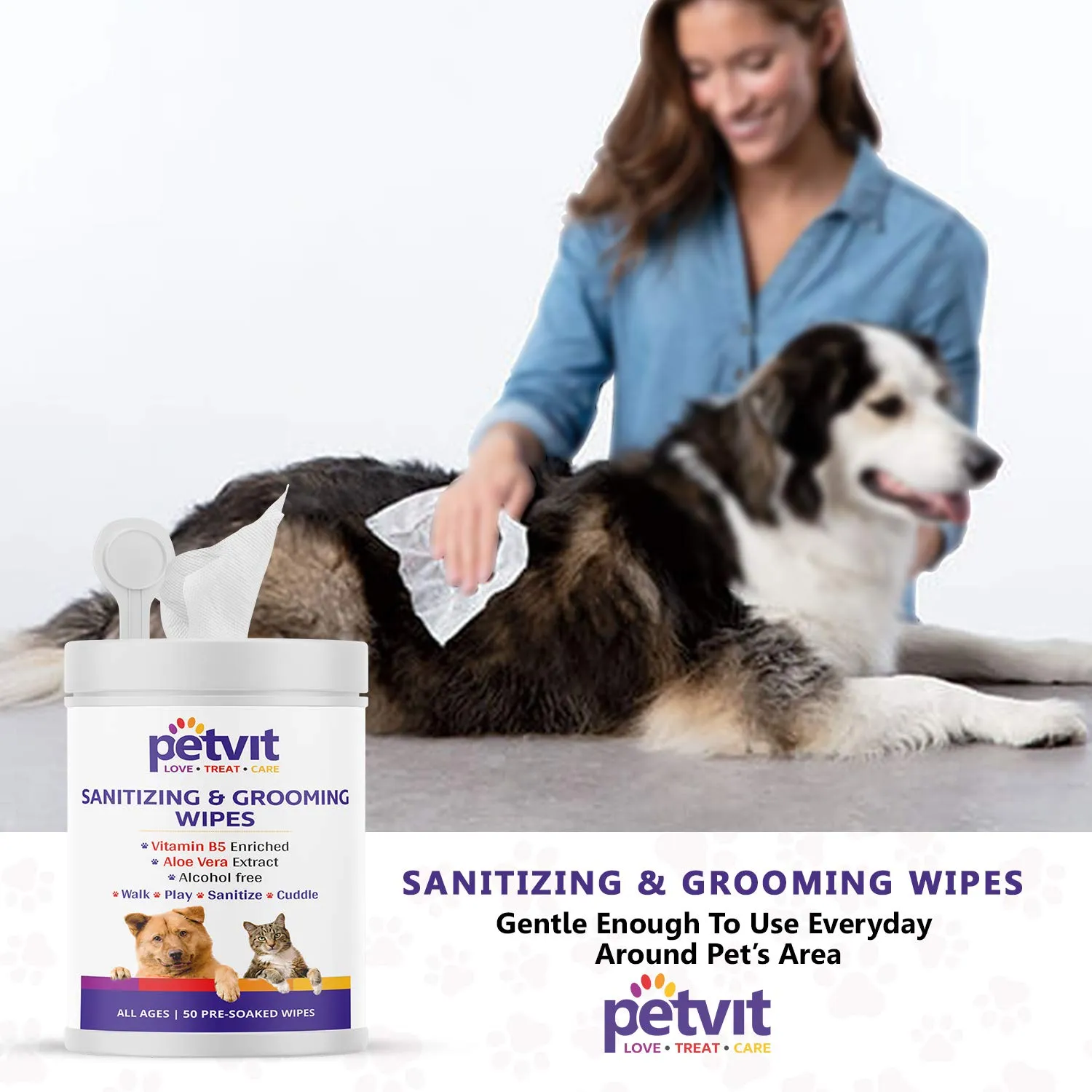 Petvit Cleansing & Grooming Wipes for Dog and Cat Enriched with Vitamin B5 and Aloe Vera - 50 Wipes | Pack of 2