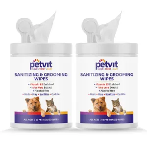 Petvit Cleansing & Grooming Wipes for Dog and Cat Enriched with Vitamin B5 and Aloe Vera - 50 Wipes | Pack of 2